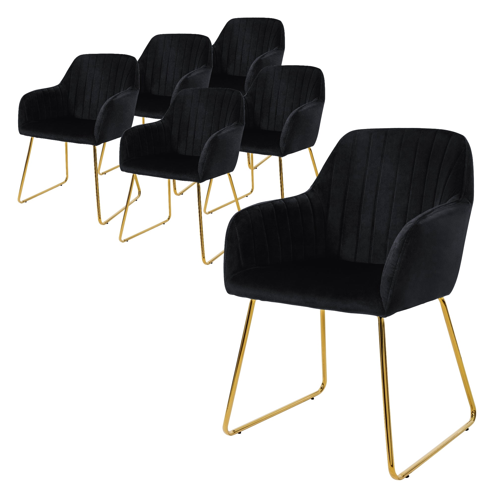 Sechs schwarze Stühle mit goldenen Beinen in einer Reihe.