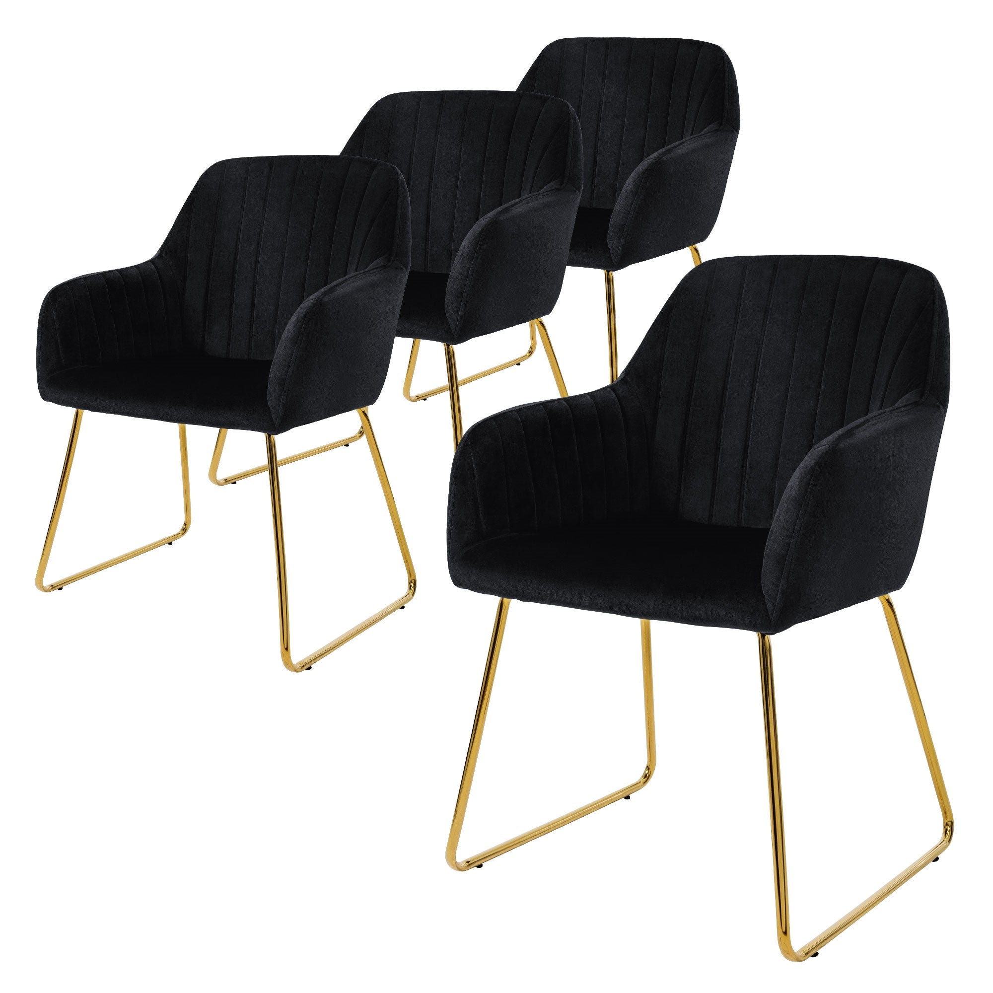 Vier schwarze Stühle mit goldenen Beinen, nebeneinander angeordnet.