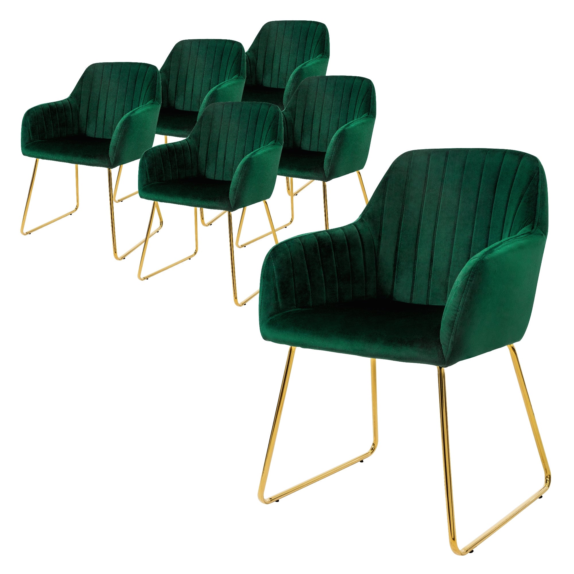 Sechs grüne Stühle mit goldenen Beinen auf weißem Hintergrund.
