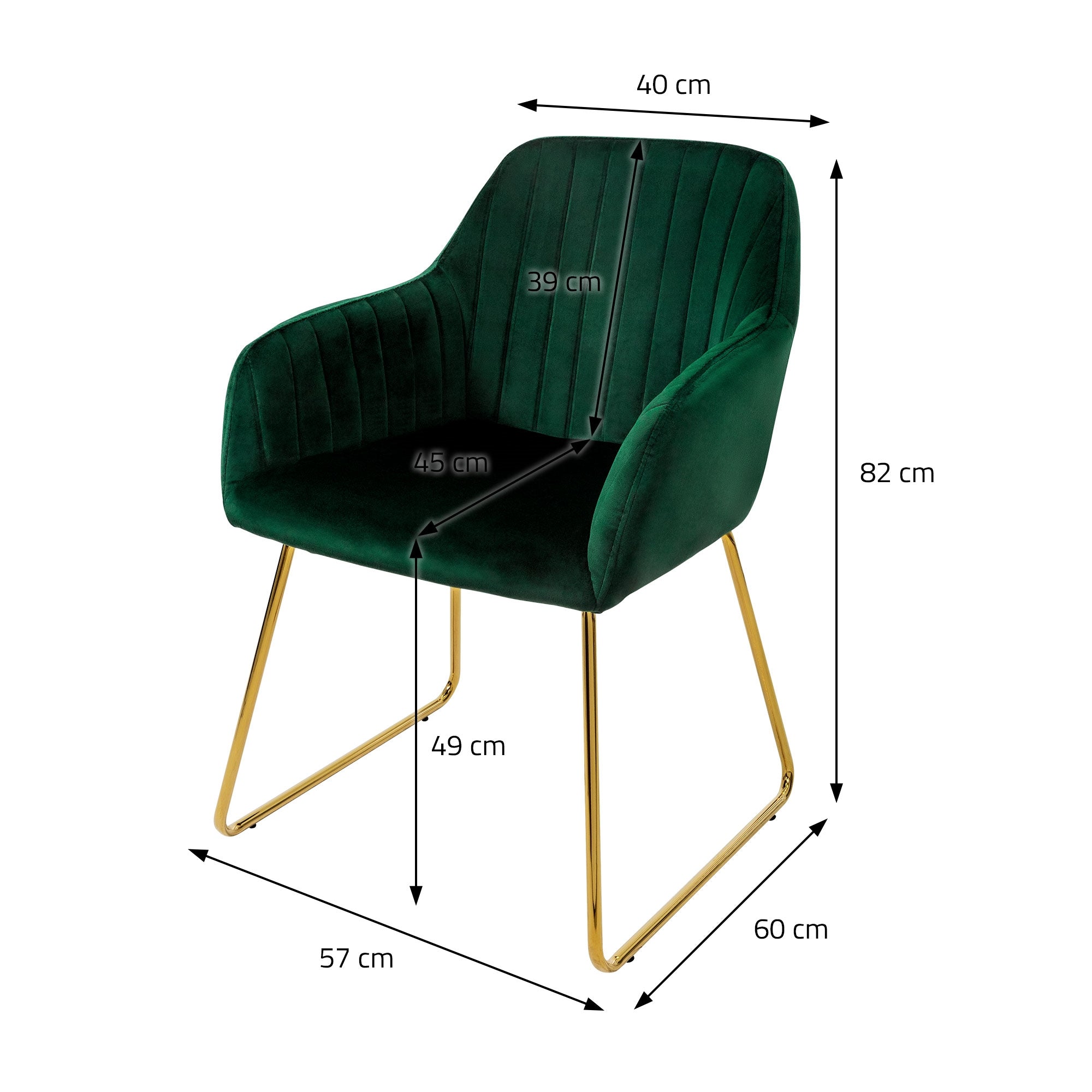 Measurement drawing of a green chair with dimensions in centimeters.
