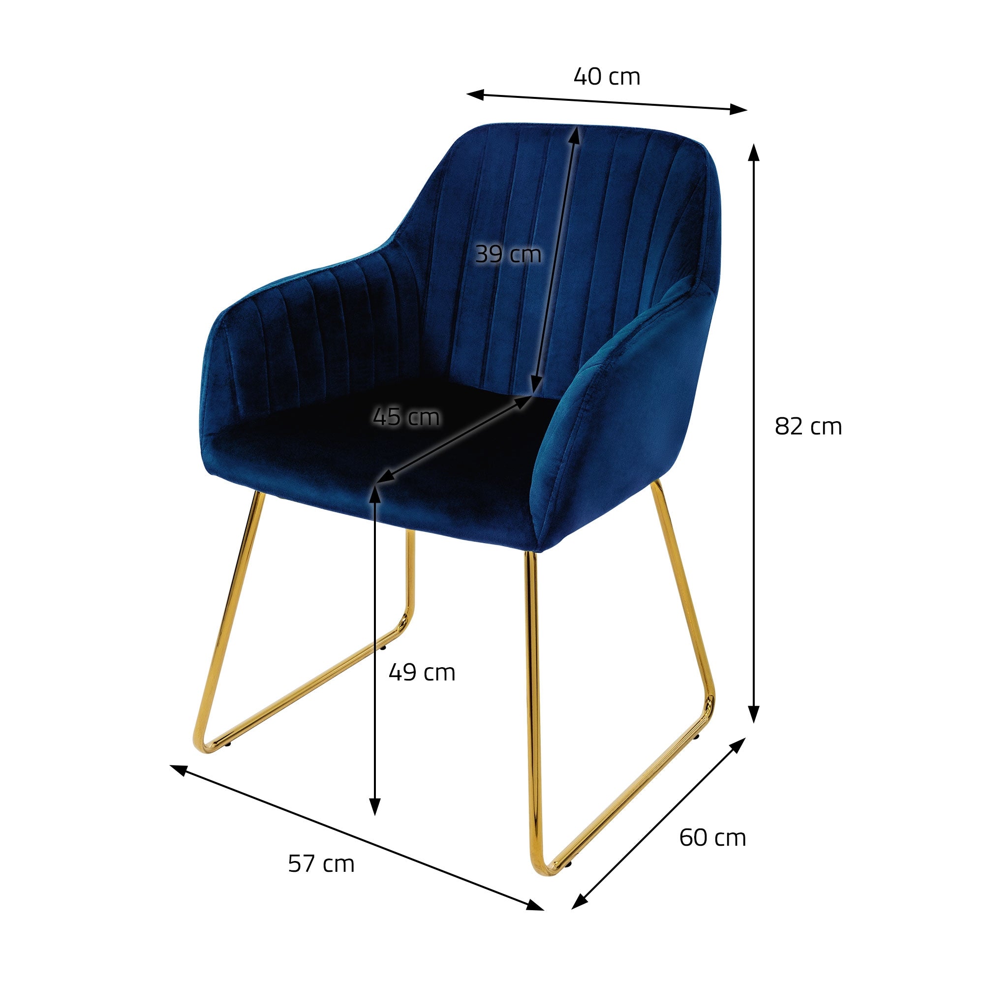 Blauer Stuhl mit Maßen in cm, gepolstert, mit goldenen Beinen.