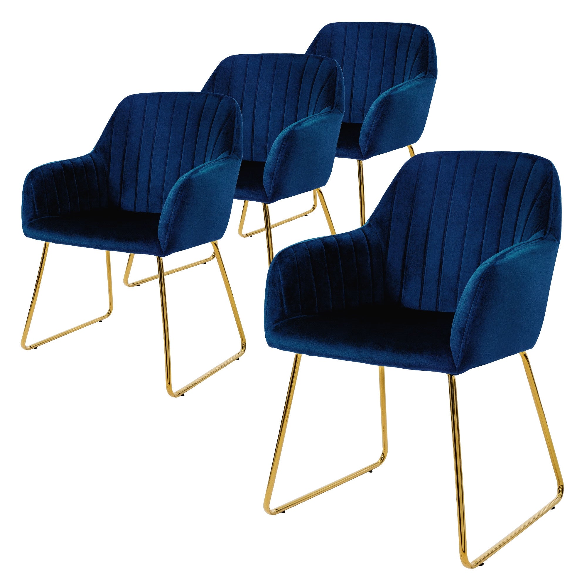 Vier blaue Stühle mit goldenen Beinen in einer Reihe.