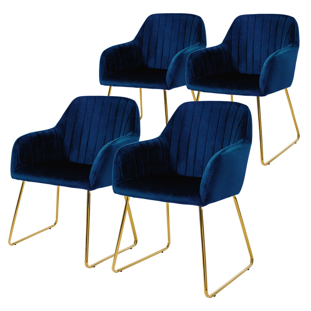 Vier blauwe stoelen met gouden poten op een witte achtergrond.