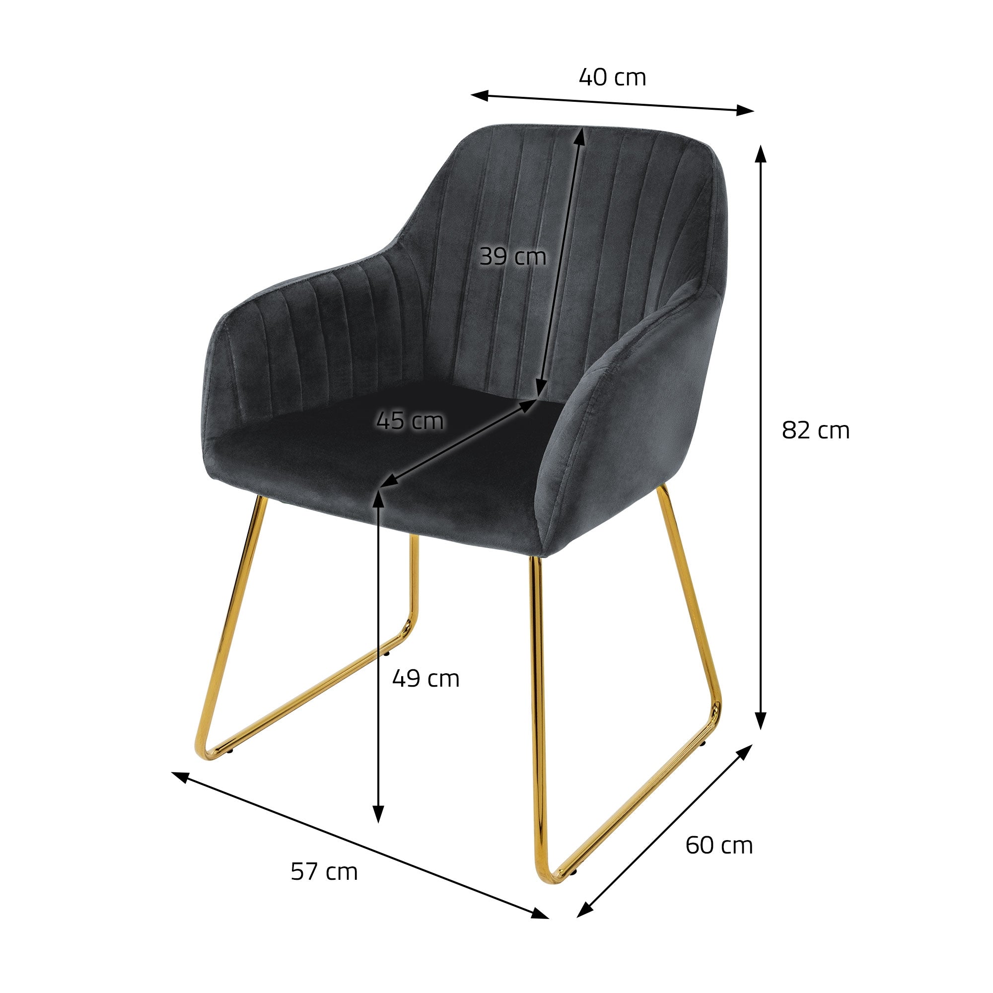 Szék méretei: magasság 82 cm, szélesség 60 cm, mélység 57 cm.