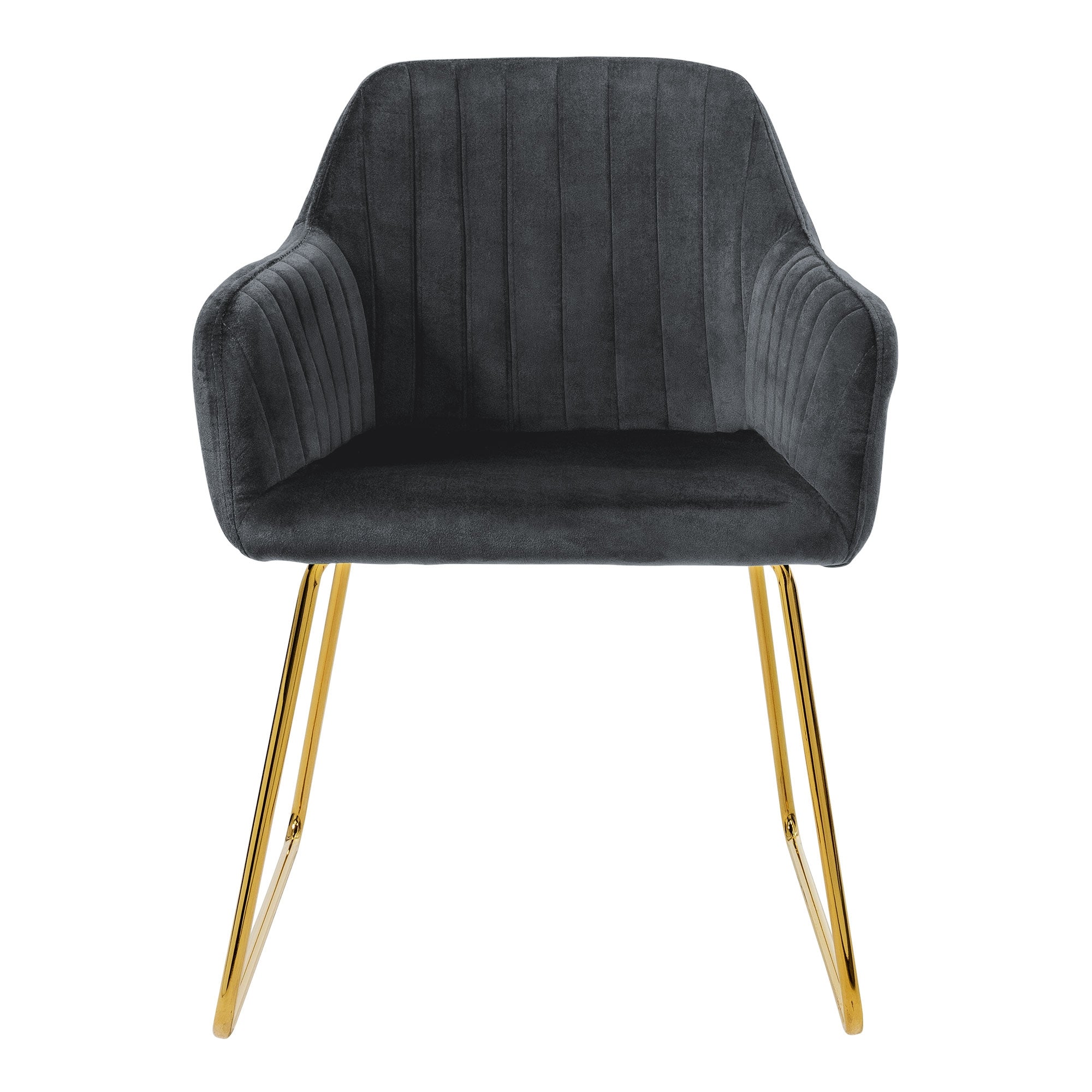 Fauteuil gris foncé avec accoudoirs rembourrés et pieds dorés.