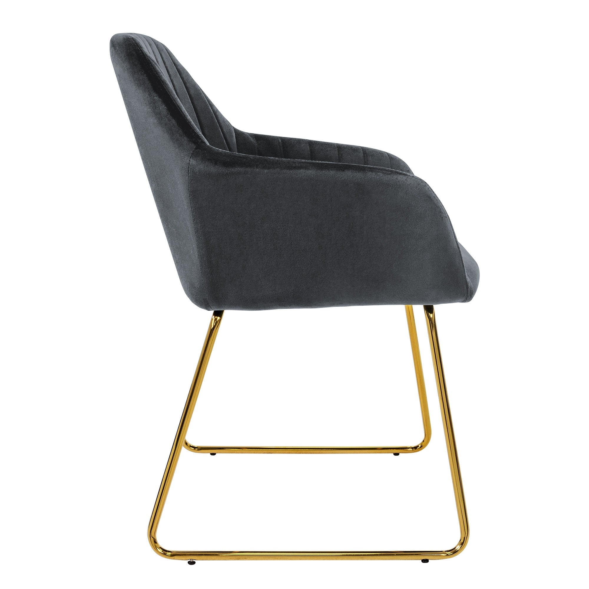 Vue de côté d'une chaise avec un cadre doré et un dos matelassé.