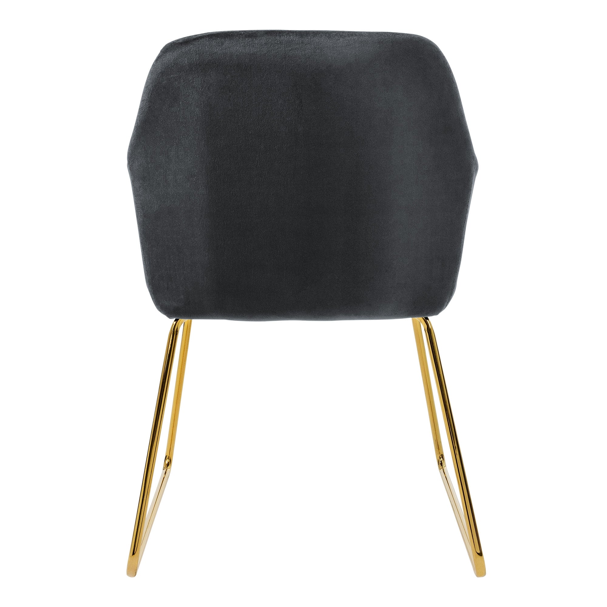Vue arrière d'une chaise grise avec des pieds dorés.