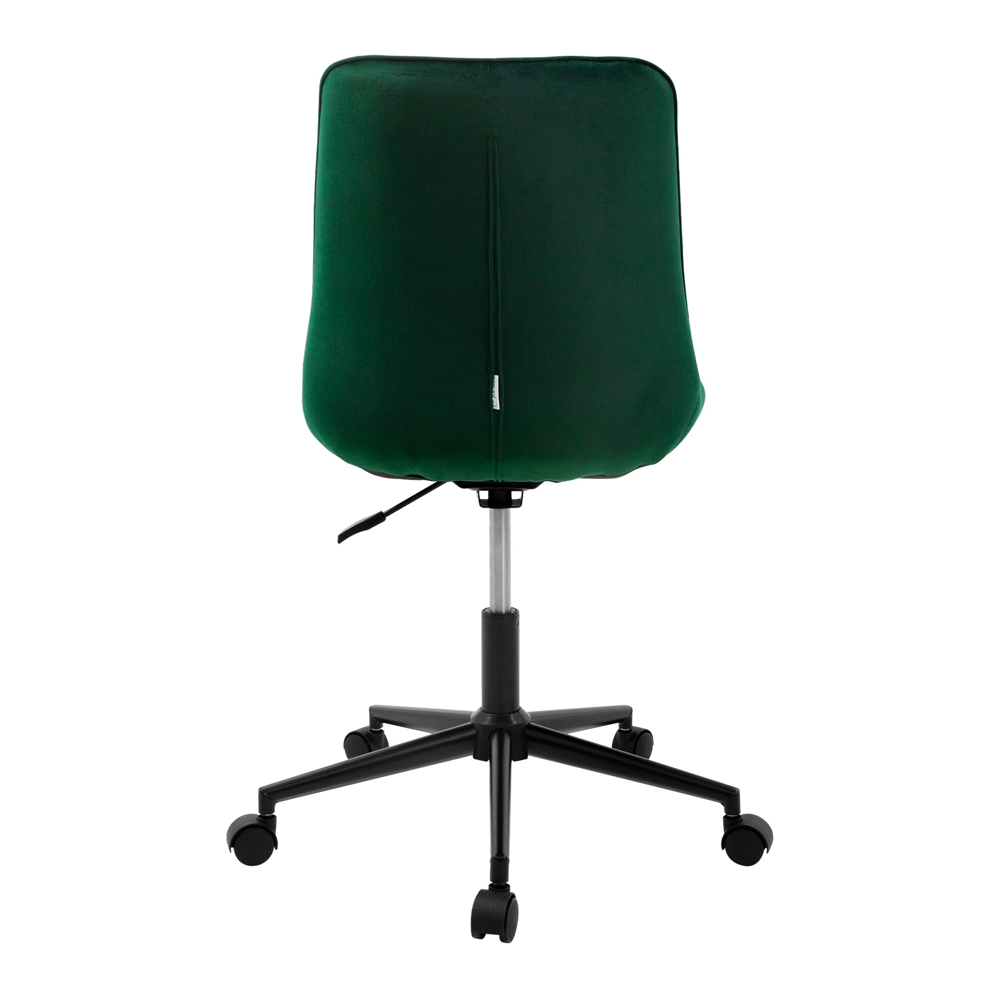 Drejestol set bagfra, med grøn polstring og sort stel.