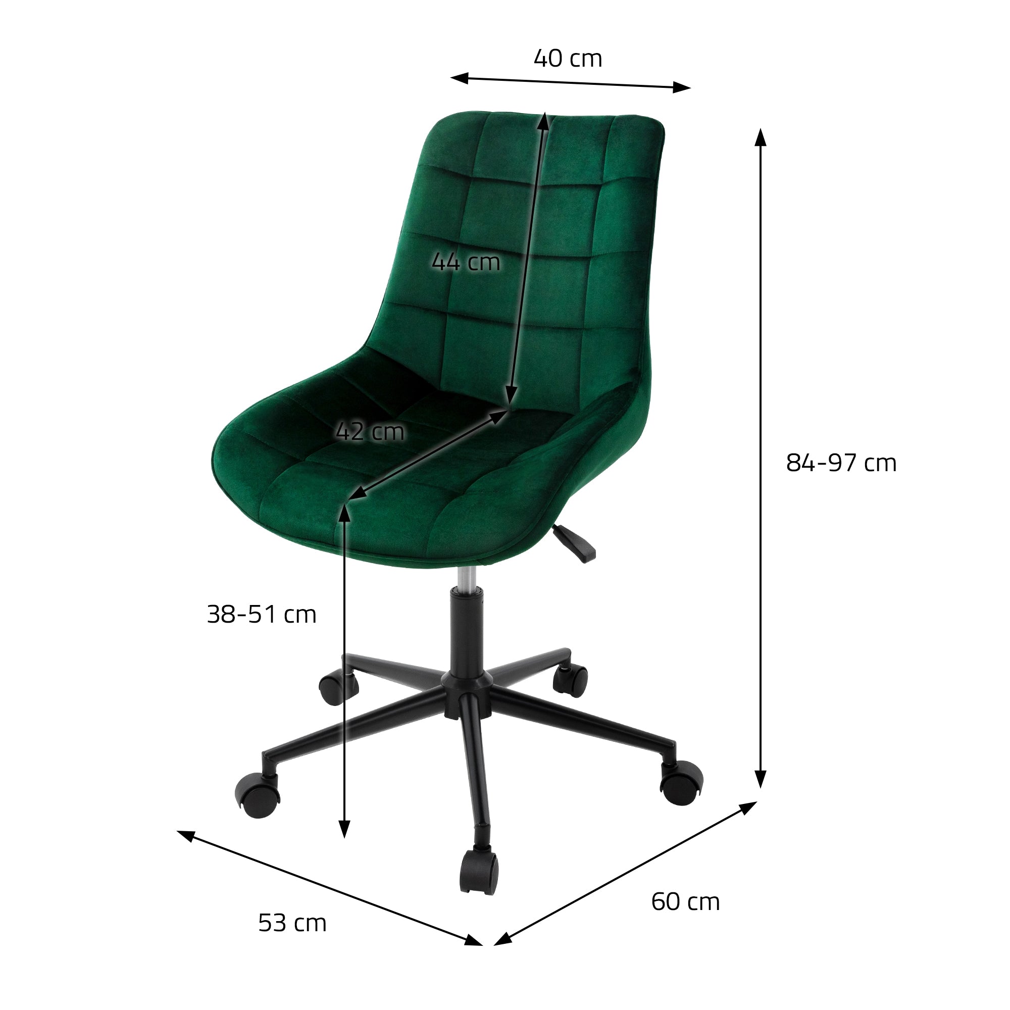 Måltegning af en grøn drejestol med dimensioner i cm.