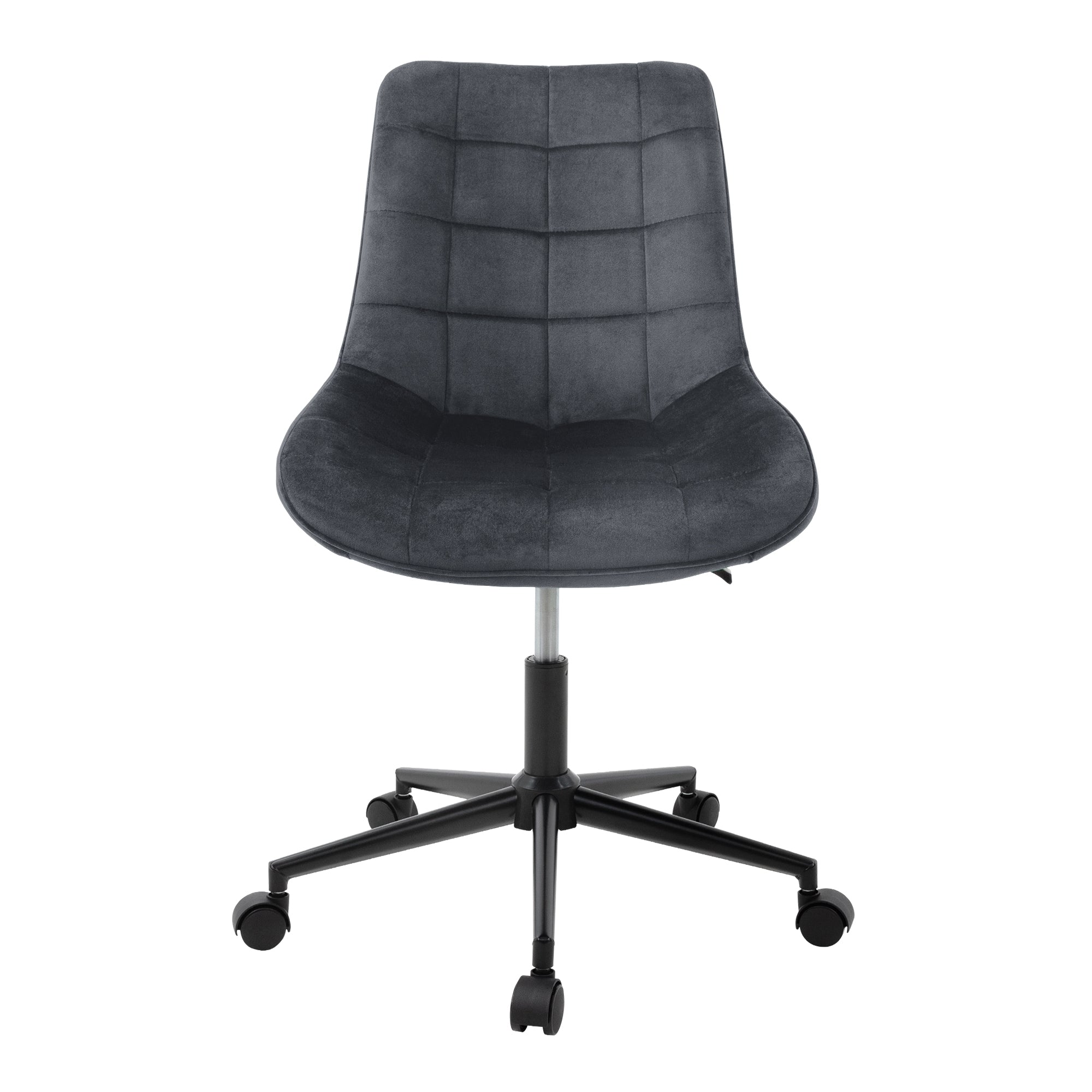 Draaistoel met grijze bekleding en zwart onderstel, op een witte achtergrond.