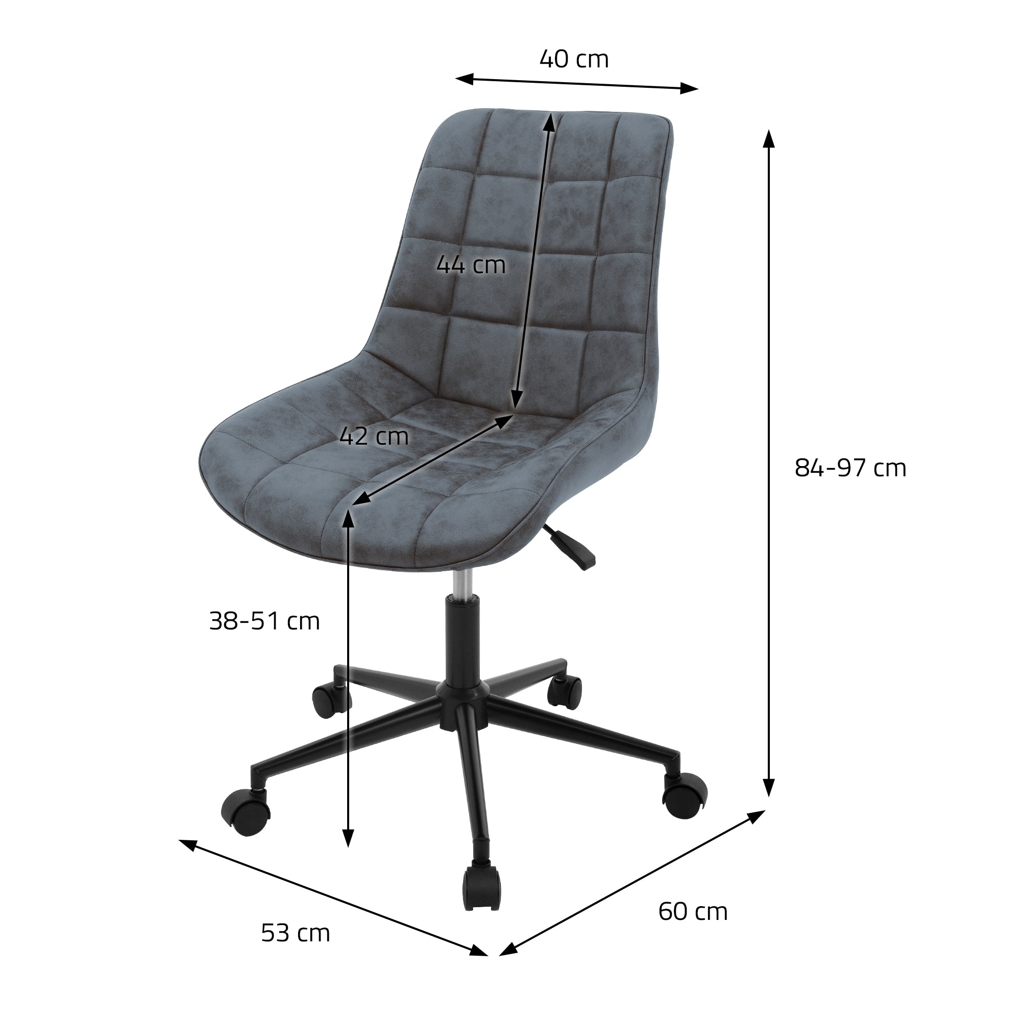 Szürke színű irodai szék állítható magassággal és méretekkel: 40 cm szélesség, 84-97 cm magasság.