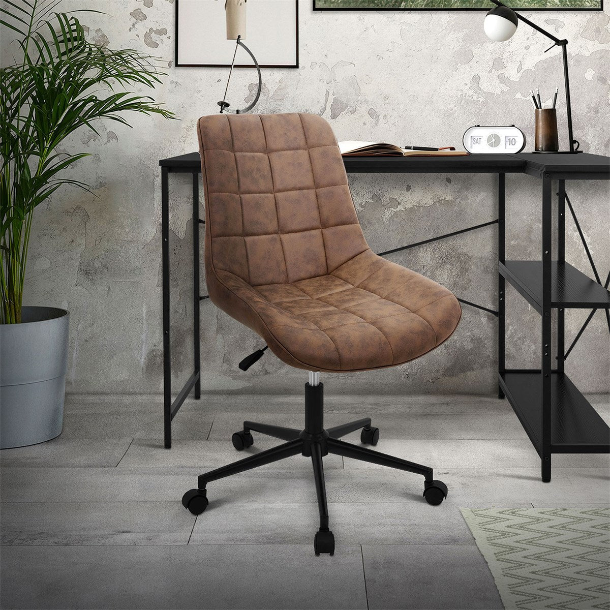 A brown office chair with armrests in front of a desk.