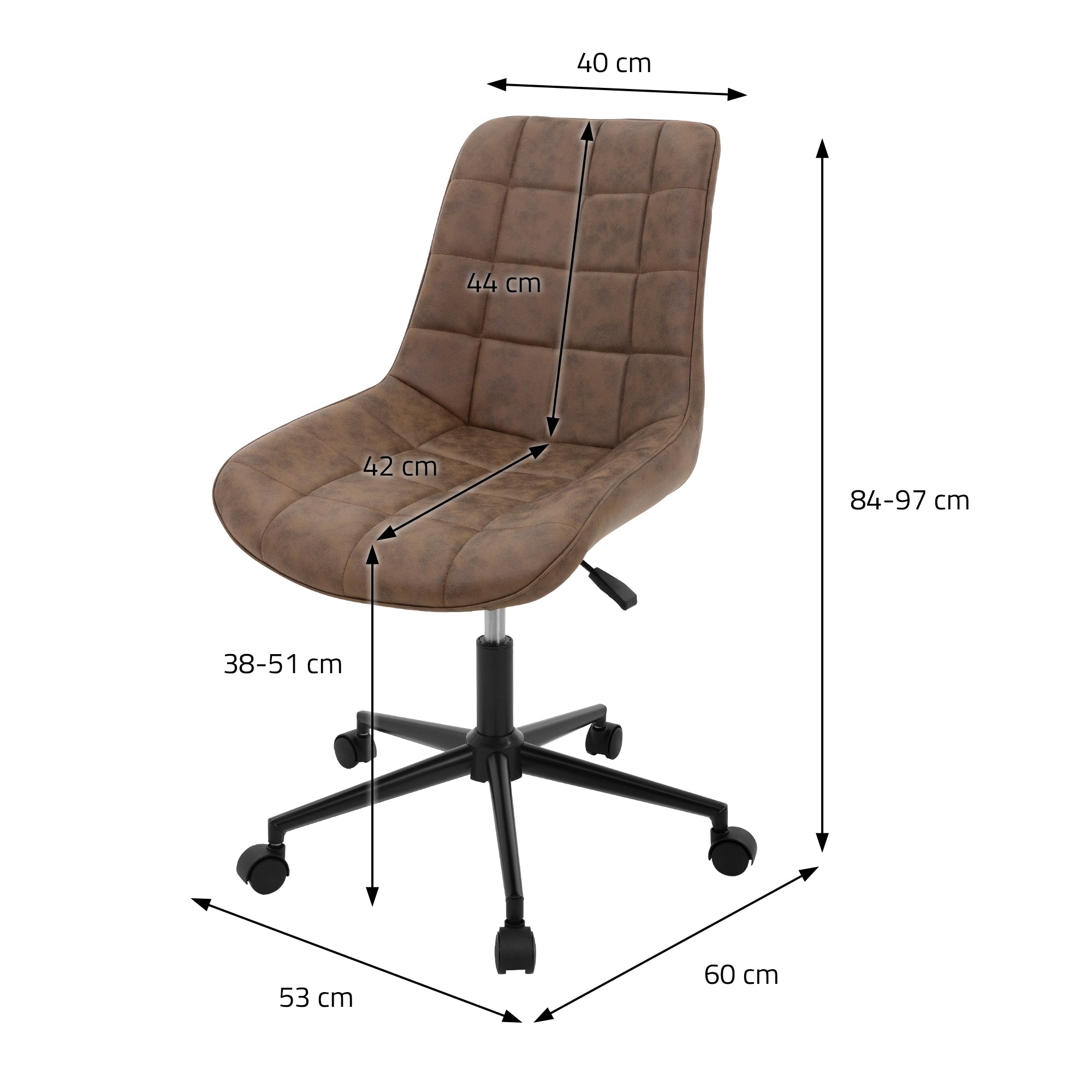 Brauner Bürostuhl mit verstellbarer Höhe und Maßen: 40 cm Breite, 84-97 cm Höhe.