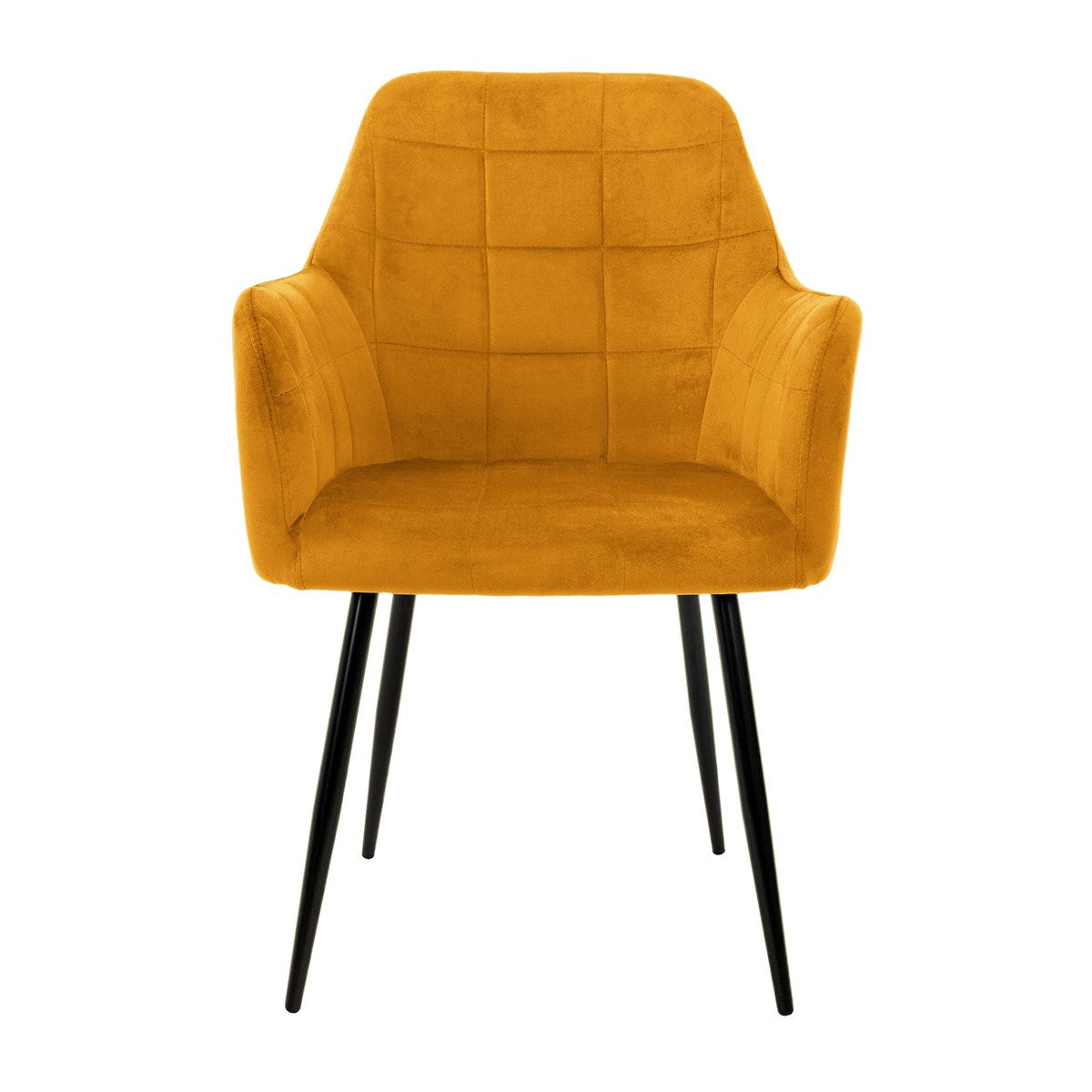 A yellow chair with an upholstered seat and black legs.