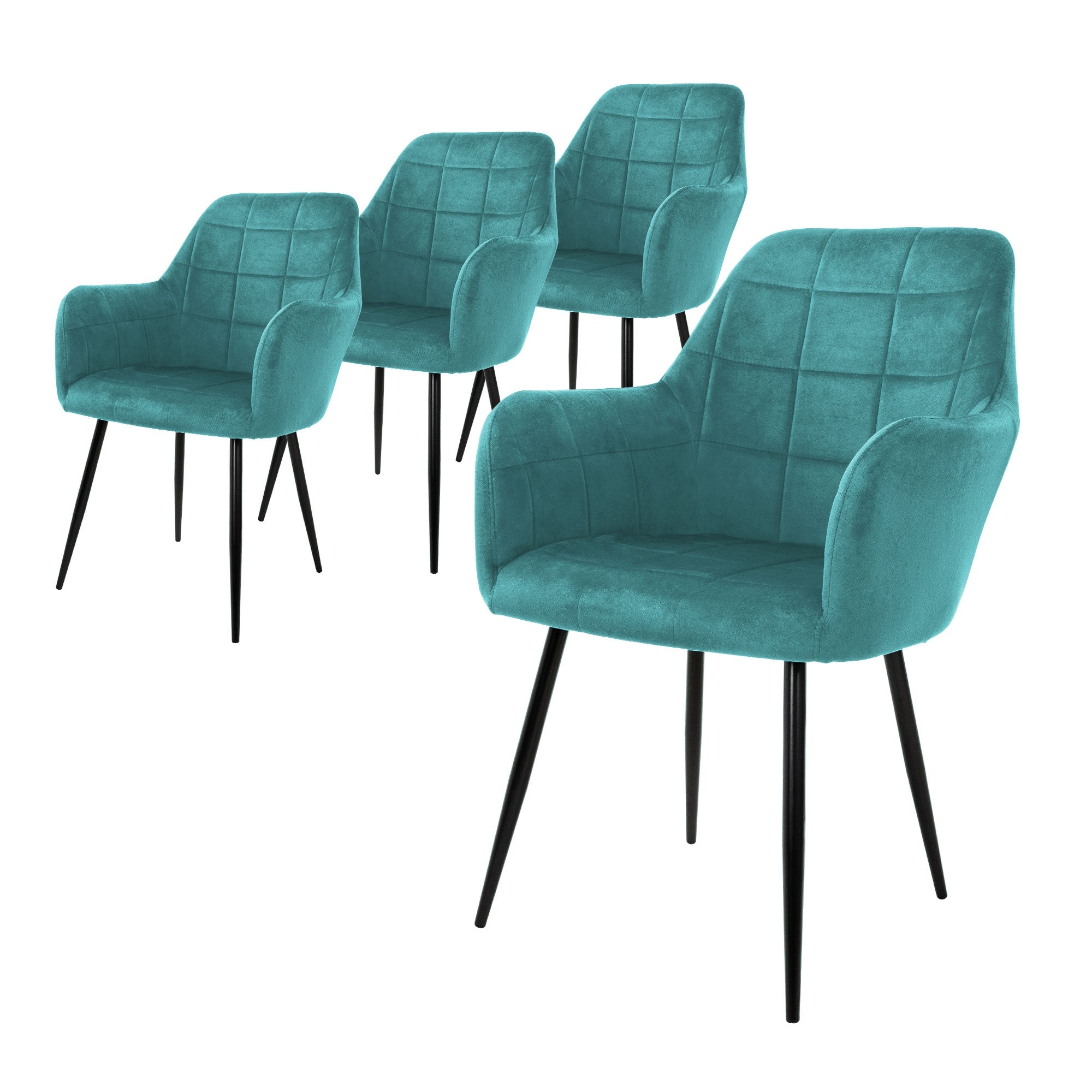 Vier türkisfarbene Stühle mit gestepptem Design auf schwarzen Beinen.