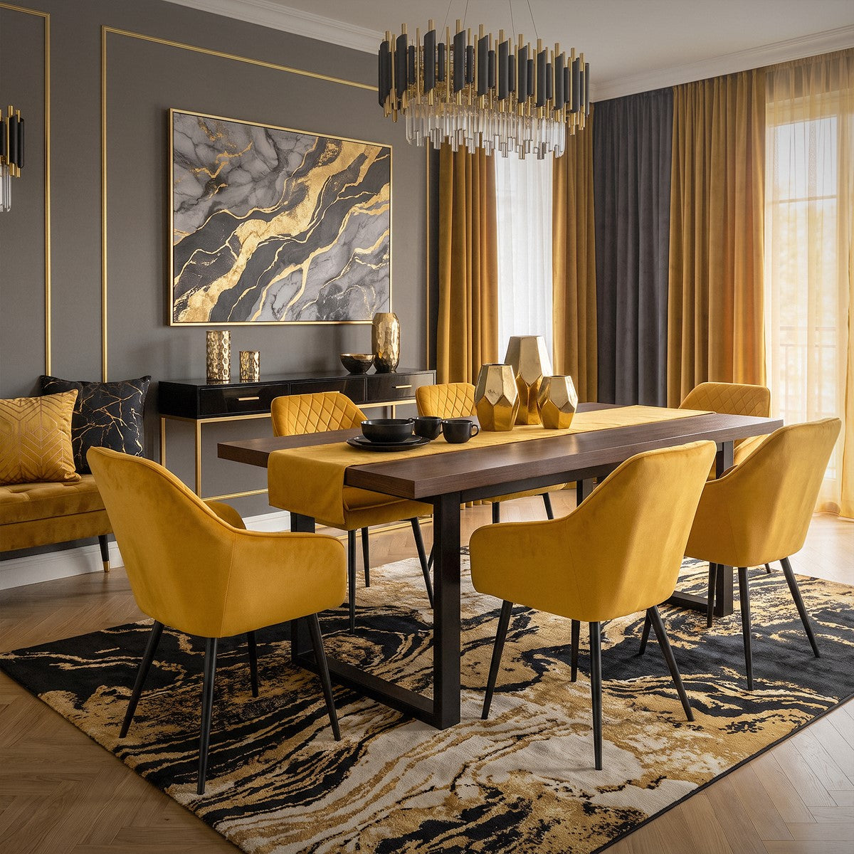 Elegante comedor con sillas amarillas alrededor de una mesa de madera.