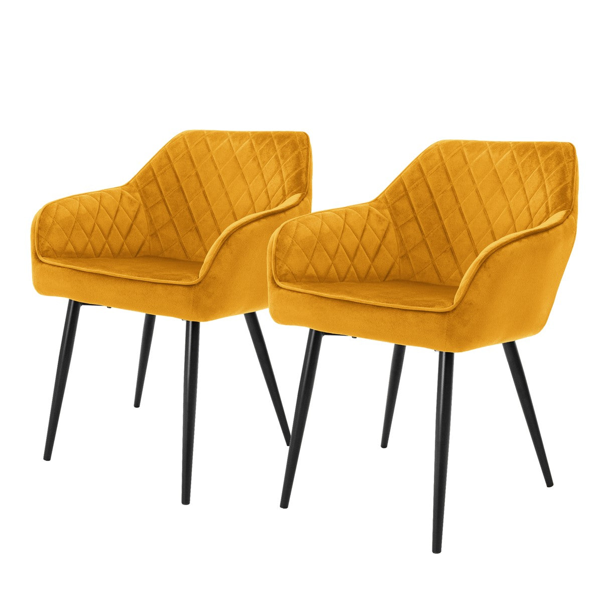 Two yellow chairs with diamond-patterned upholstery and black legs.