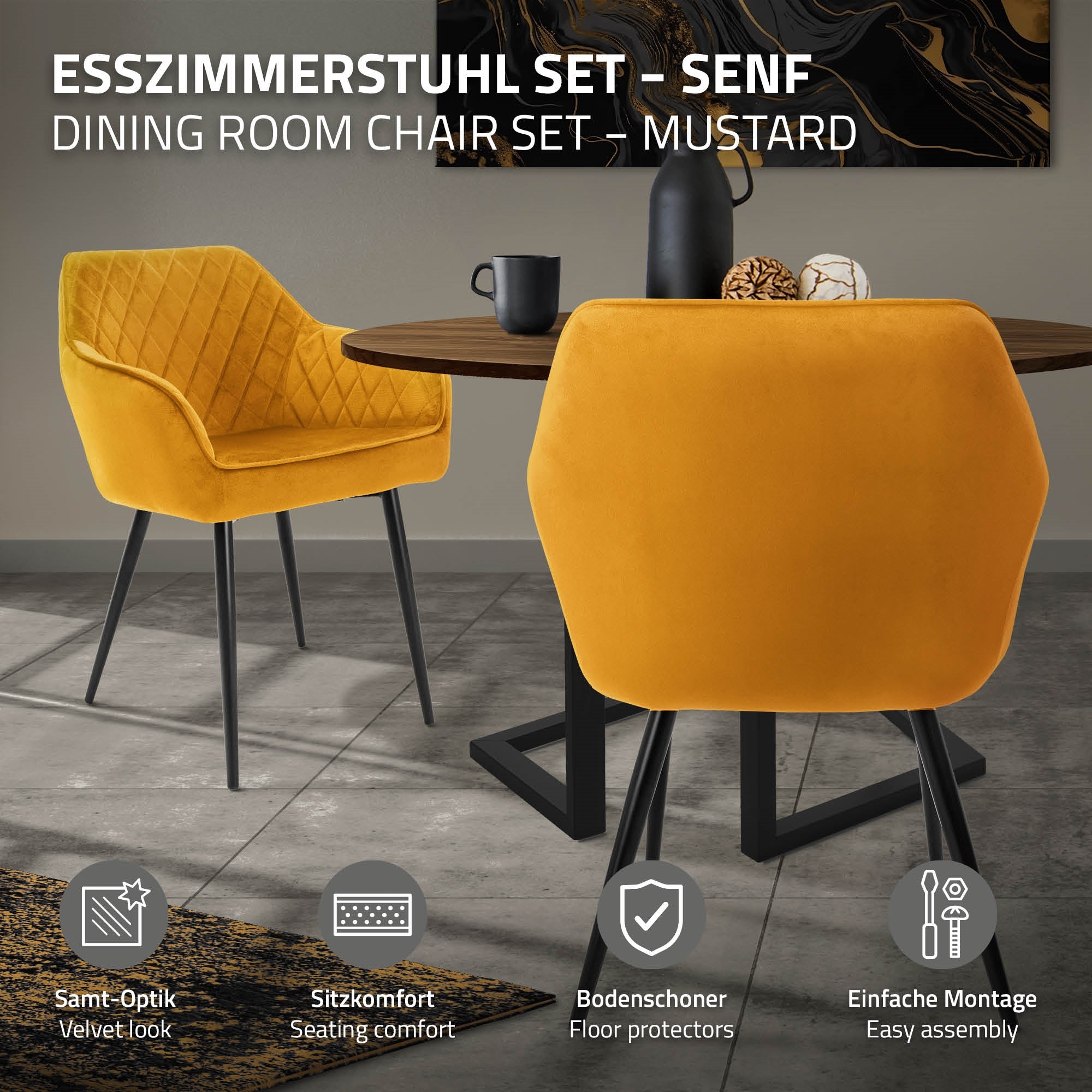 Esszimmerstuhl in Senffarbe, am Tisch mit Geschirr und Dekoration.