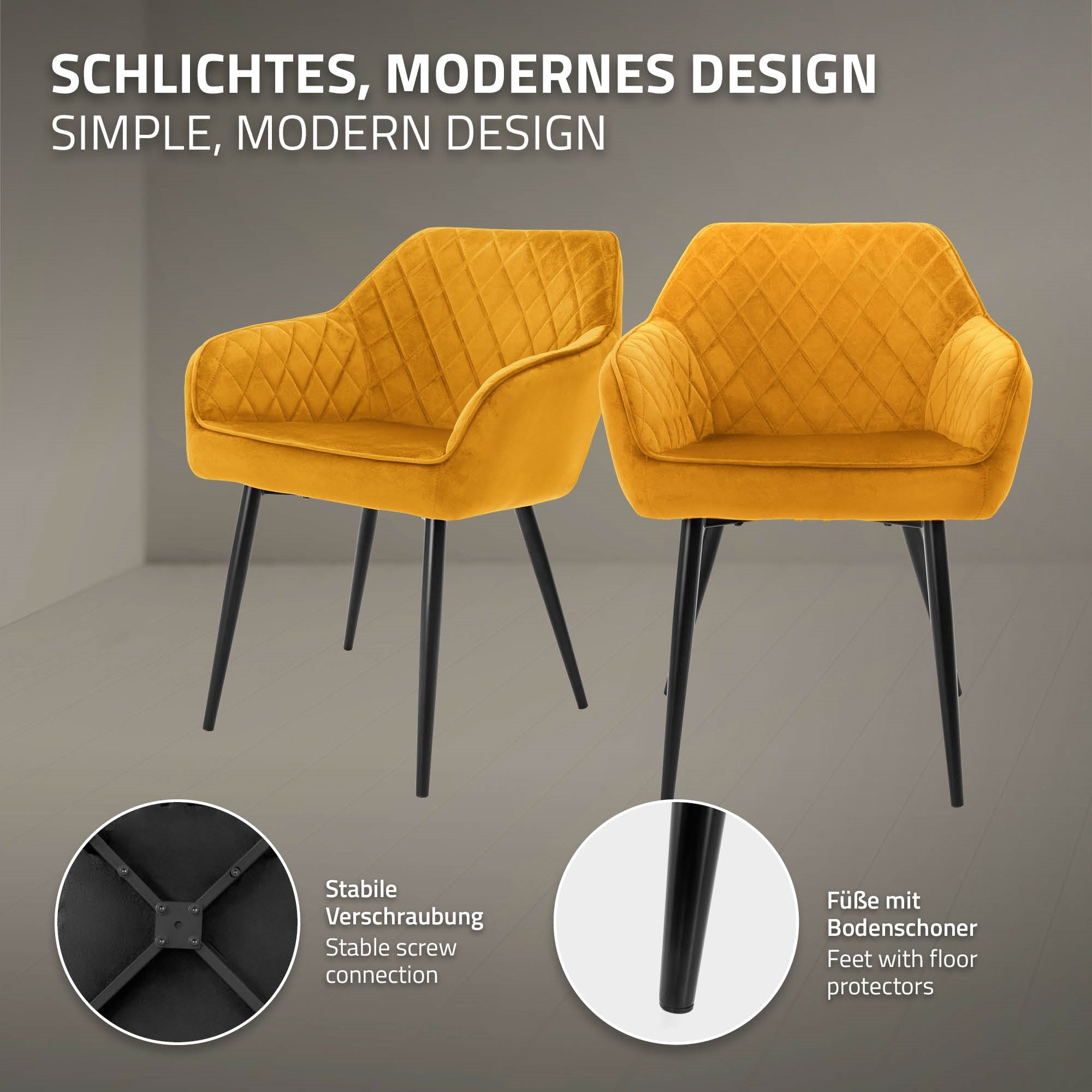 Due sedie gialle con design moderno e gambe stabili su uno sfondo grigio.