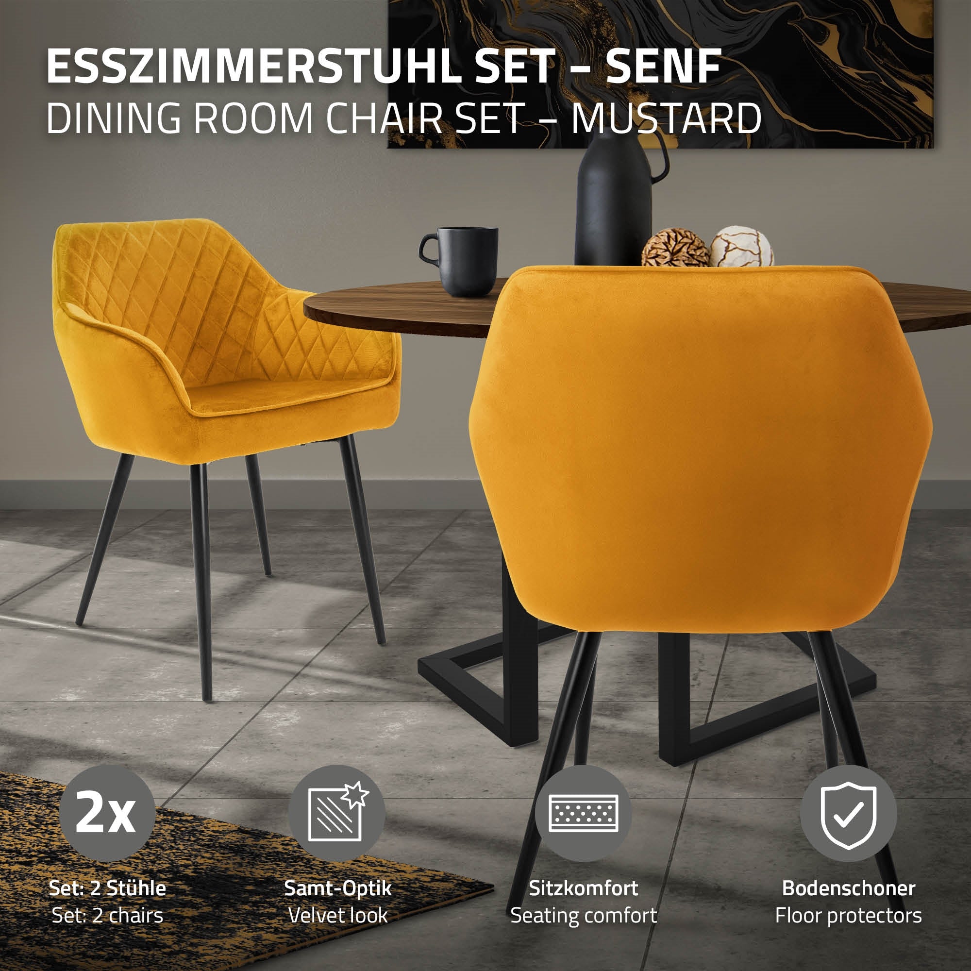 Ein gelber Esszimmerstuhl neben einem Tisch in einem modernen Raum.