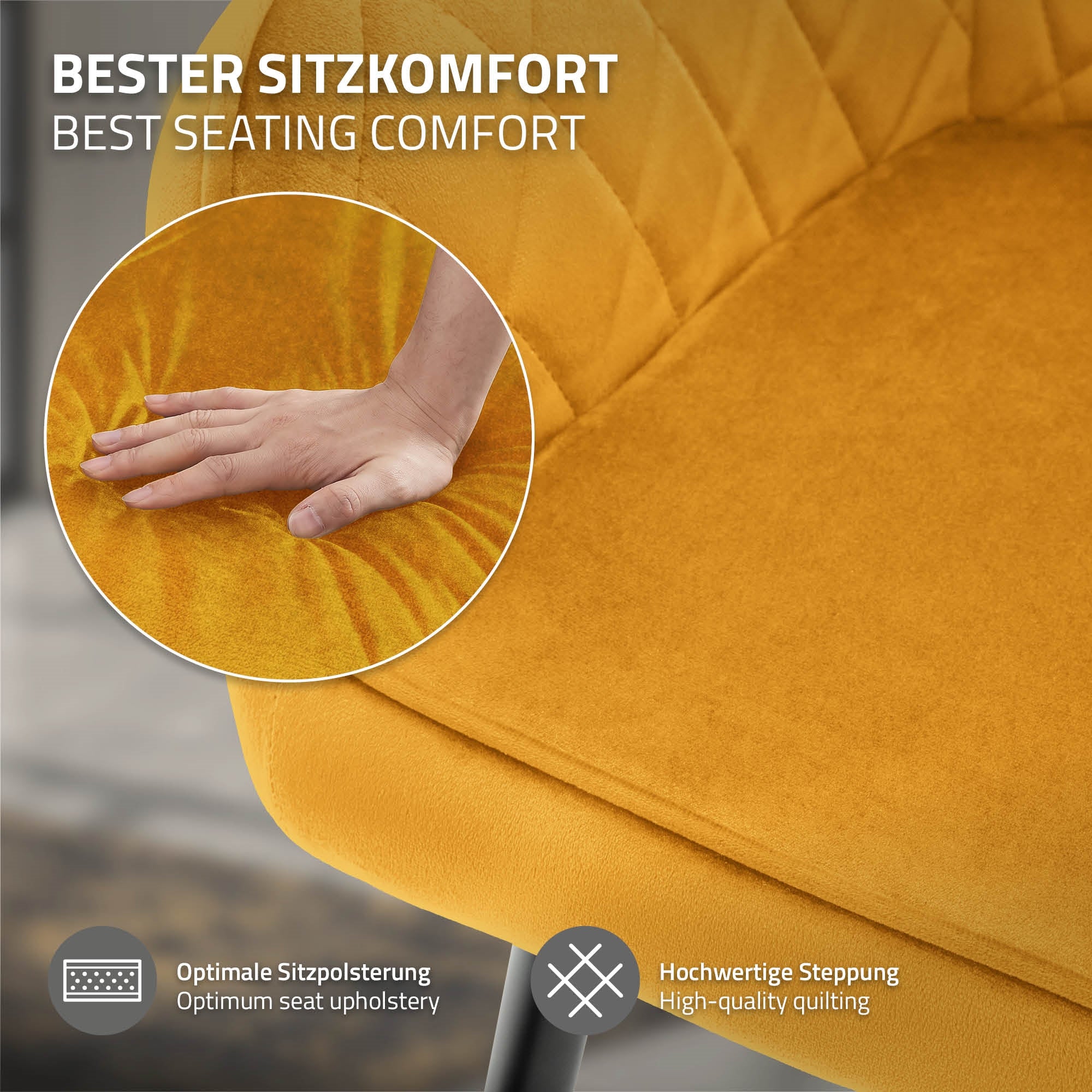 Nahaufnahme einer Hand auf einem gelben, gepolsterten Stuhl.