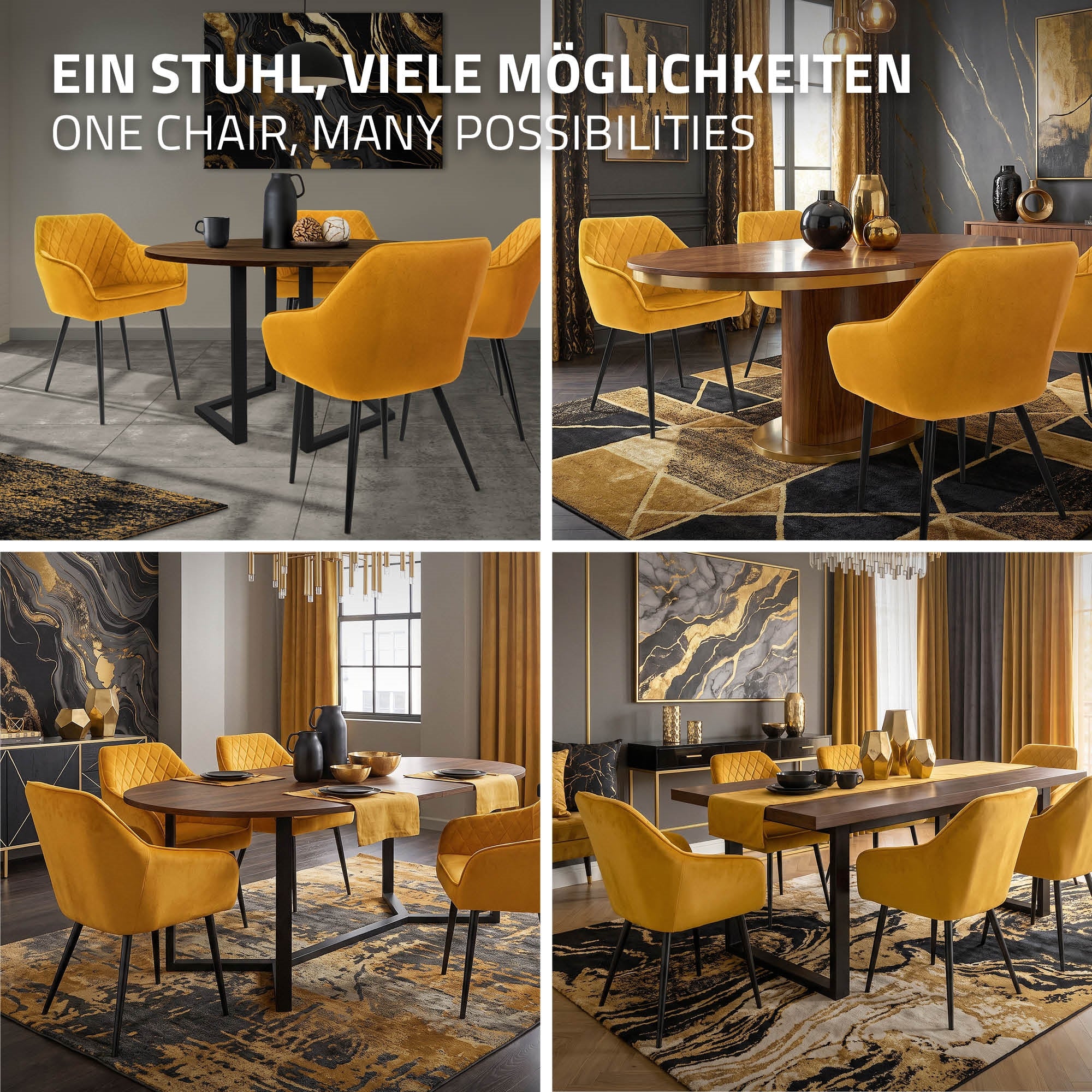 Diverse angolazioni di una sedia gialla in una sala da pranzo elegante.
