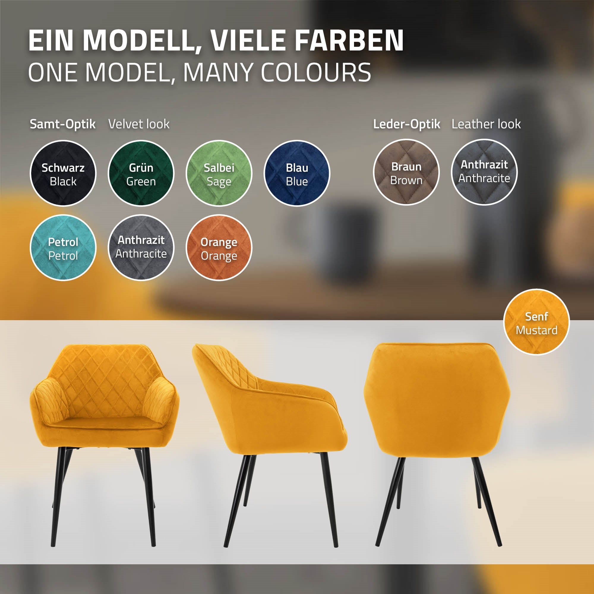 Verschiedene Esszimmerstühle in verschiedenen Farben auf einem neutralen Hintergrund.