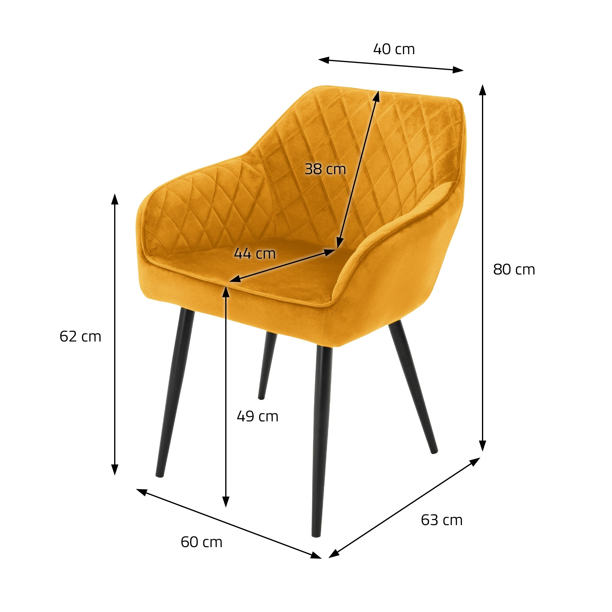 Gelber Stuhl mit Maßen: 80 cm hoch, 40 cm breit, 62 cm tief.