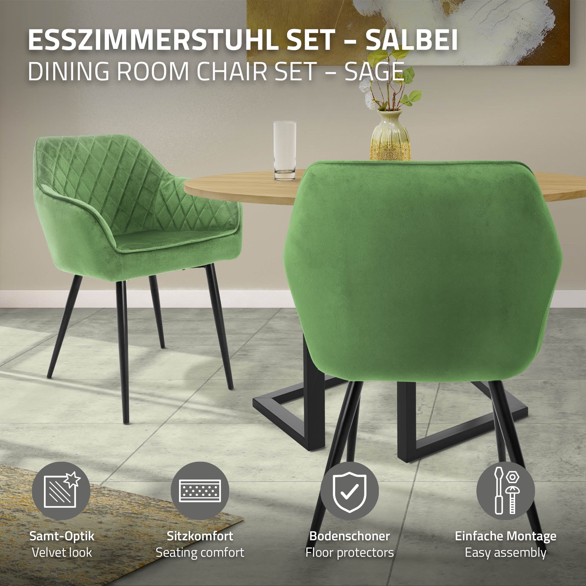 Zwei grüne Esszimmerstühle an einem runden Tisch in einem modernen Raum.