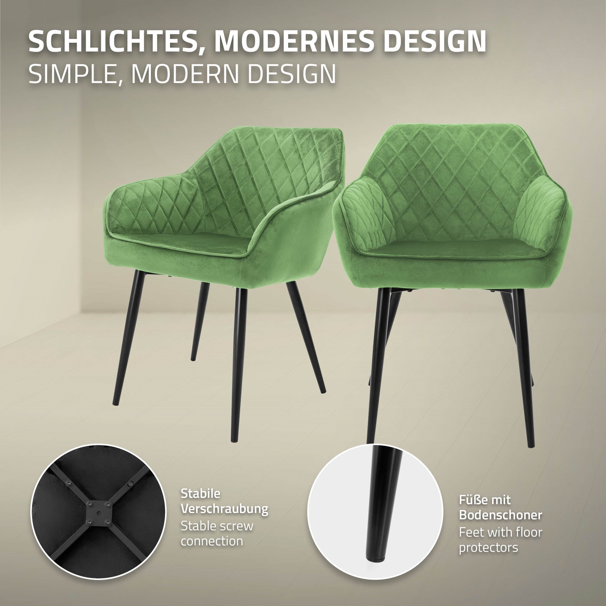 To grønne stole med moderne design, under en grafik med stabil skrueforbindelse.