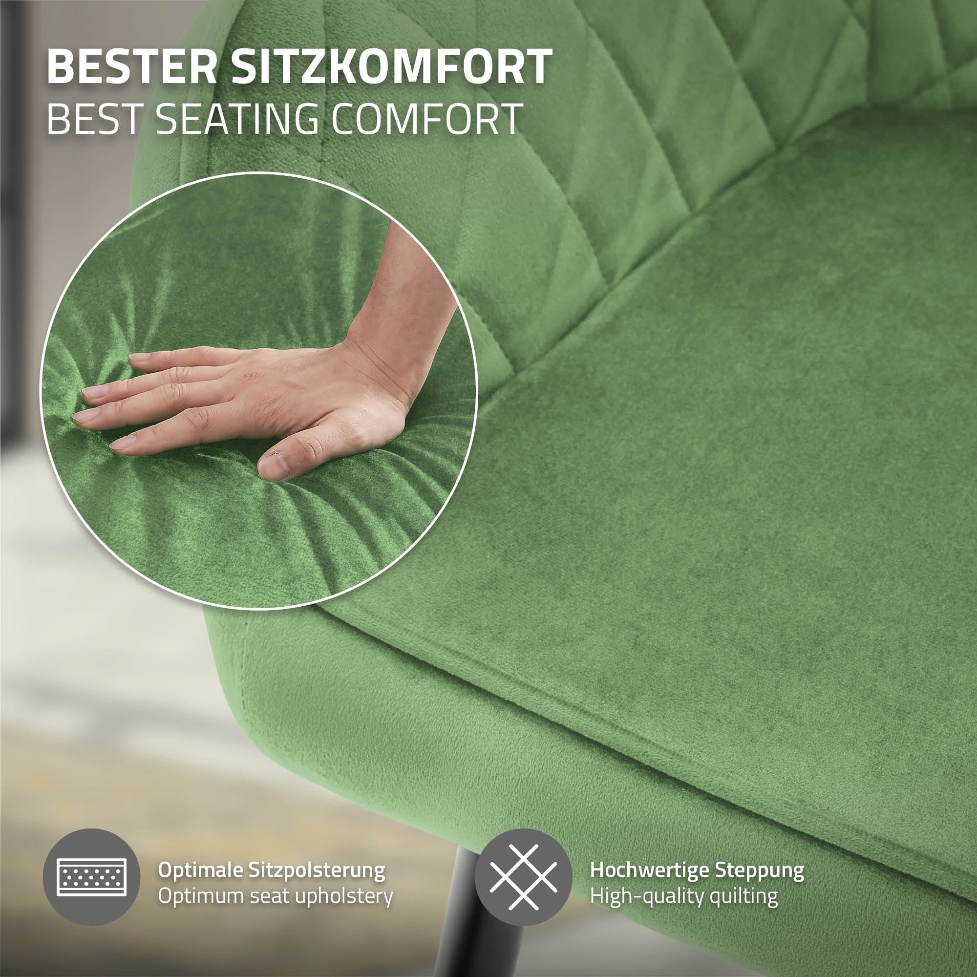 Nahaufnahme einer Hand auf einem gepolsterten Stuhl mit weicher Oberfläche.