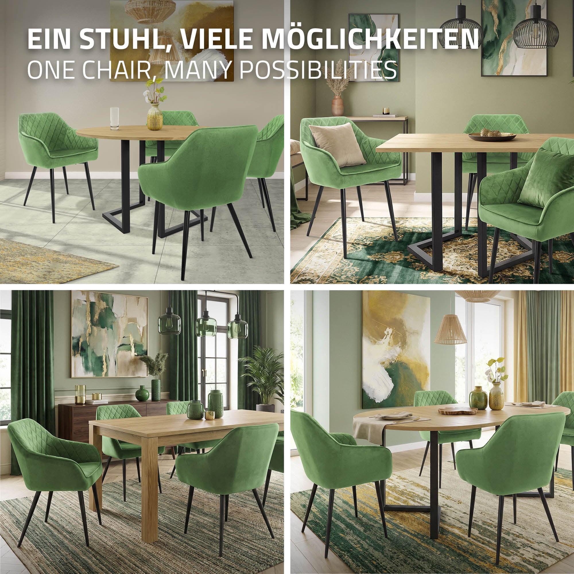 Verschiedene grüne Stühle um einen Tisch in einem stilvollen Essbereich.