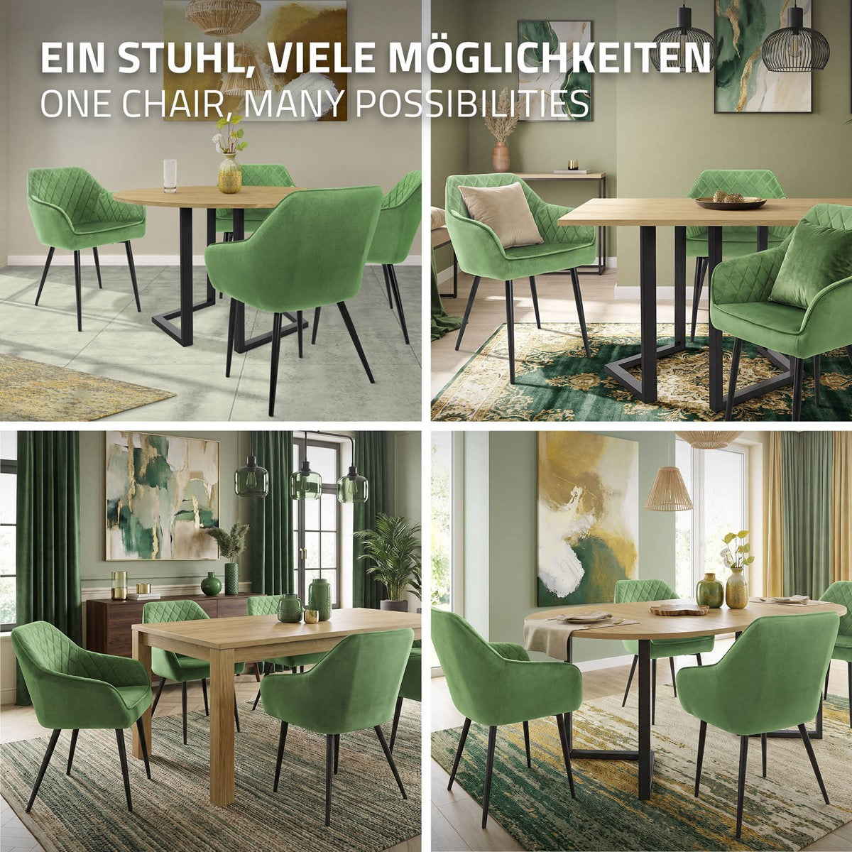 Verschiedene grüne Stühle um einen Tisch in einem stilvollen Essbereich.