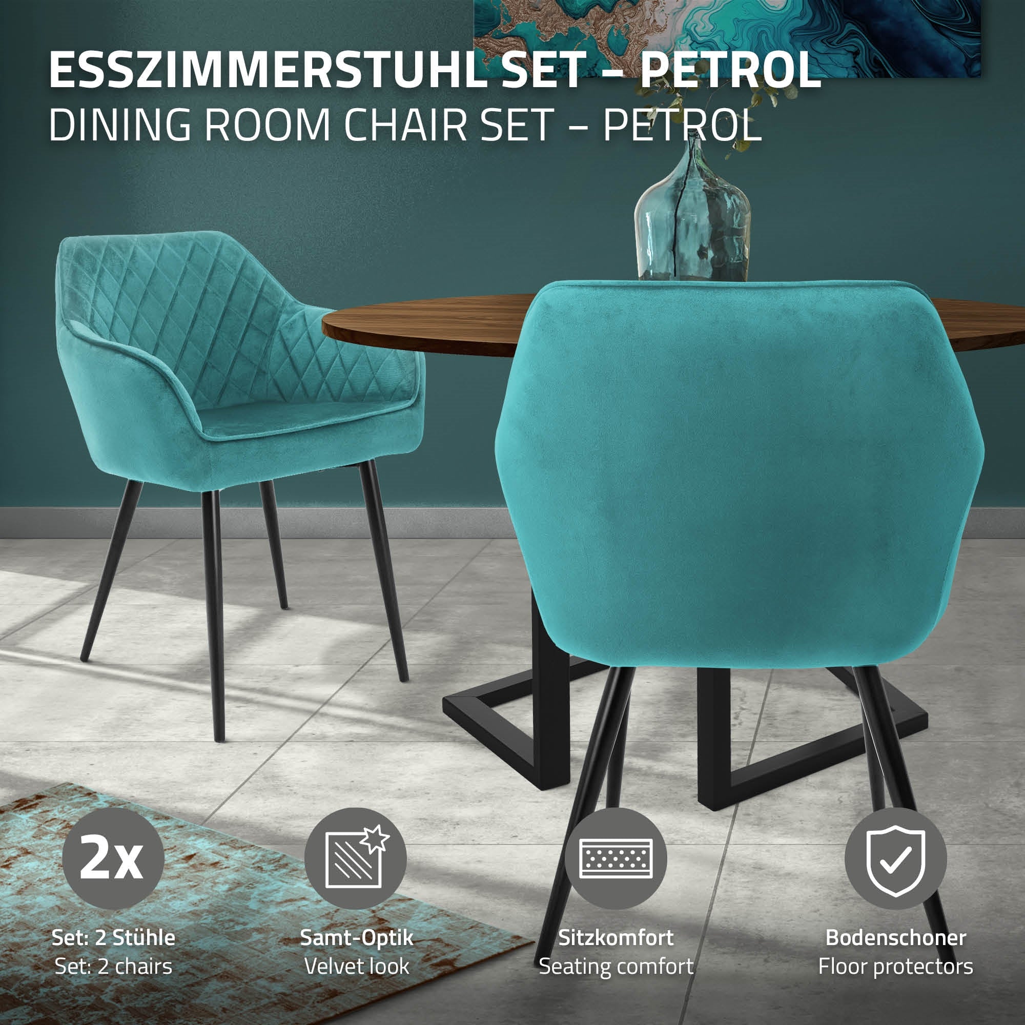 Esszimmerstuhl-Set in Petrol mit Bodenbeschützern.