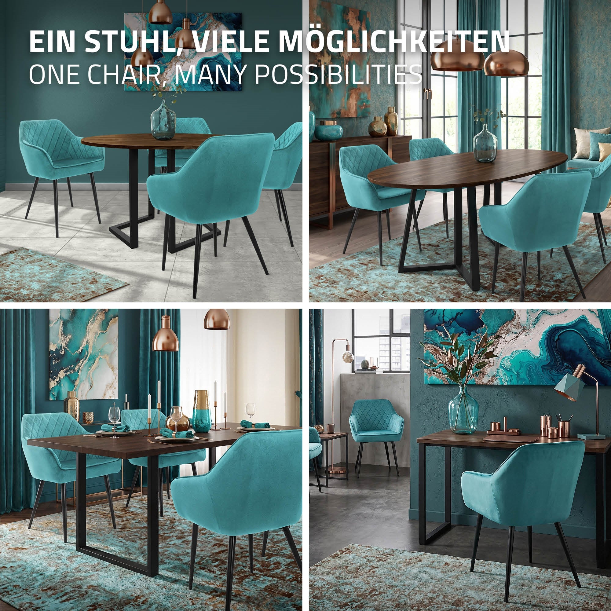 Tealfarbene Stühle in verschiedenen Arrangements um einen Tisch.