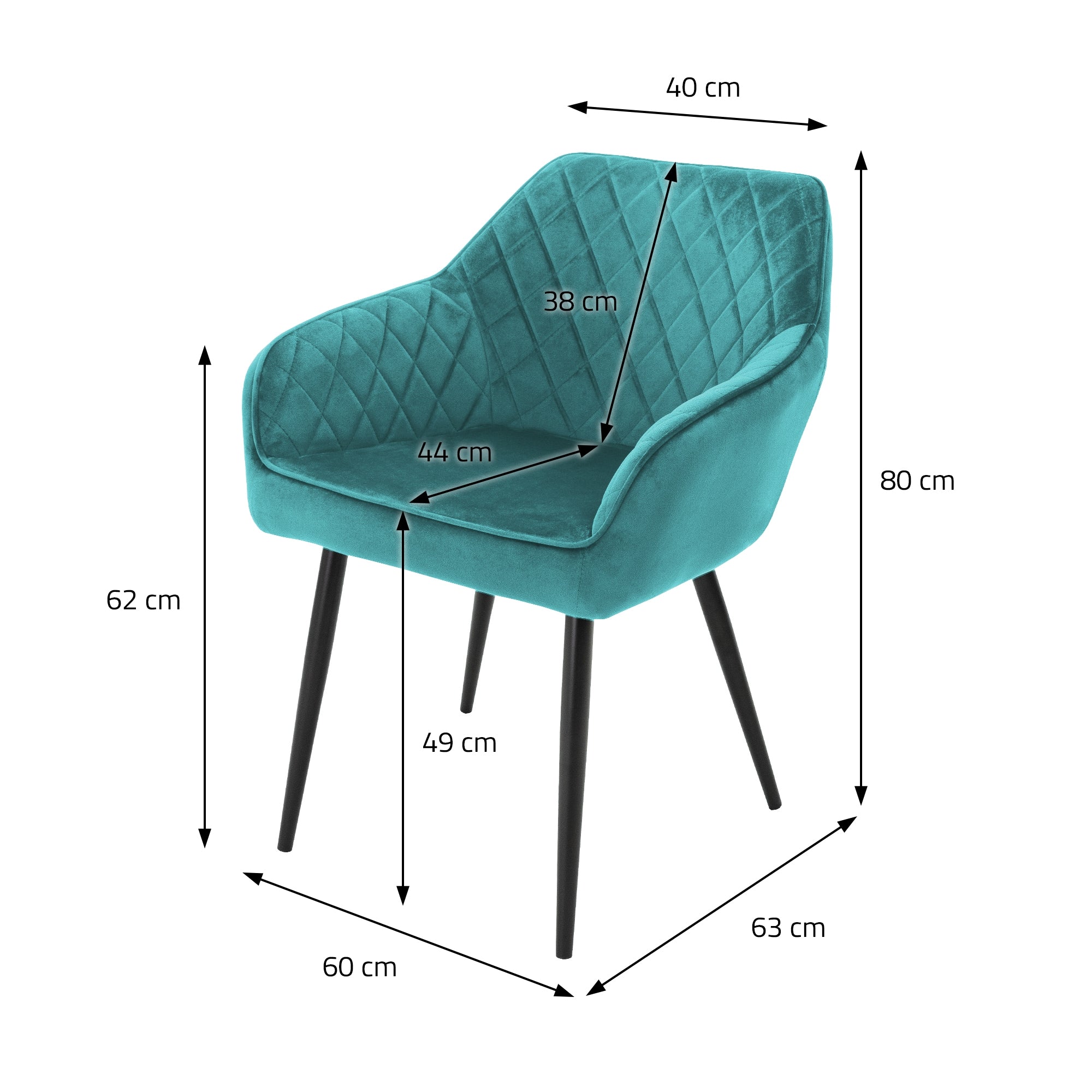 Türkisfarbener Stuhl mit Maßen und geometrischen Linien auf weißem Hintergrund.
