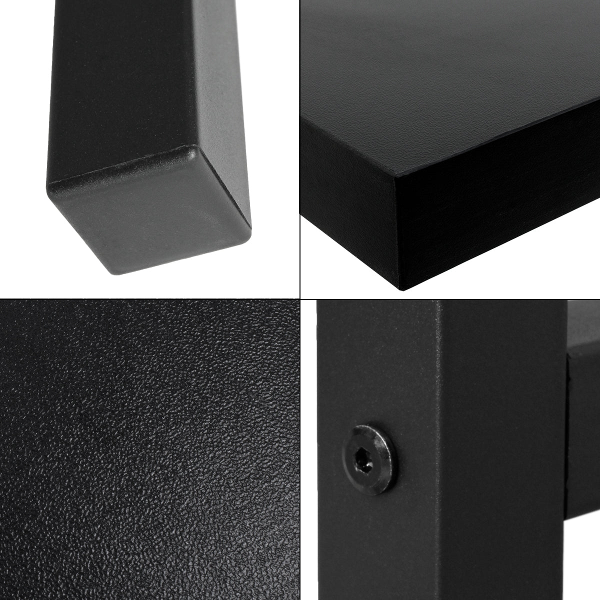 Vue détaillée de différentes surfaces et bords d'un meuble noir.