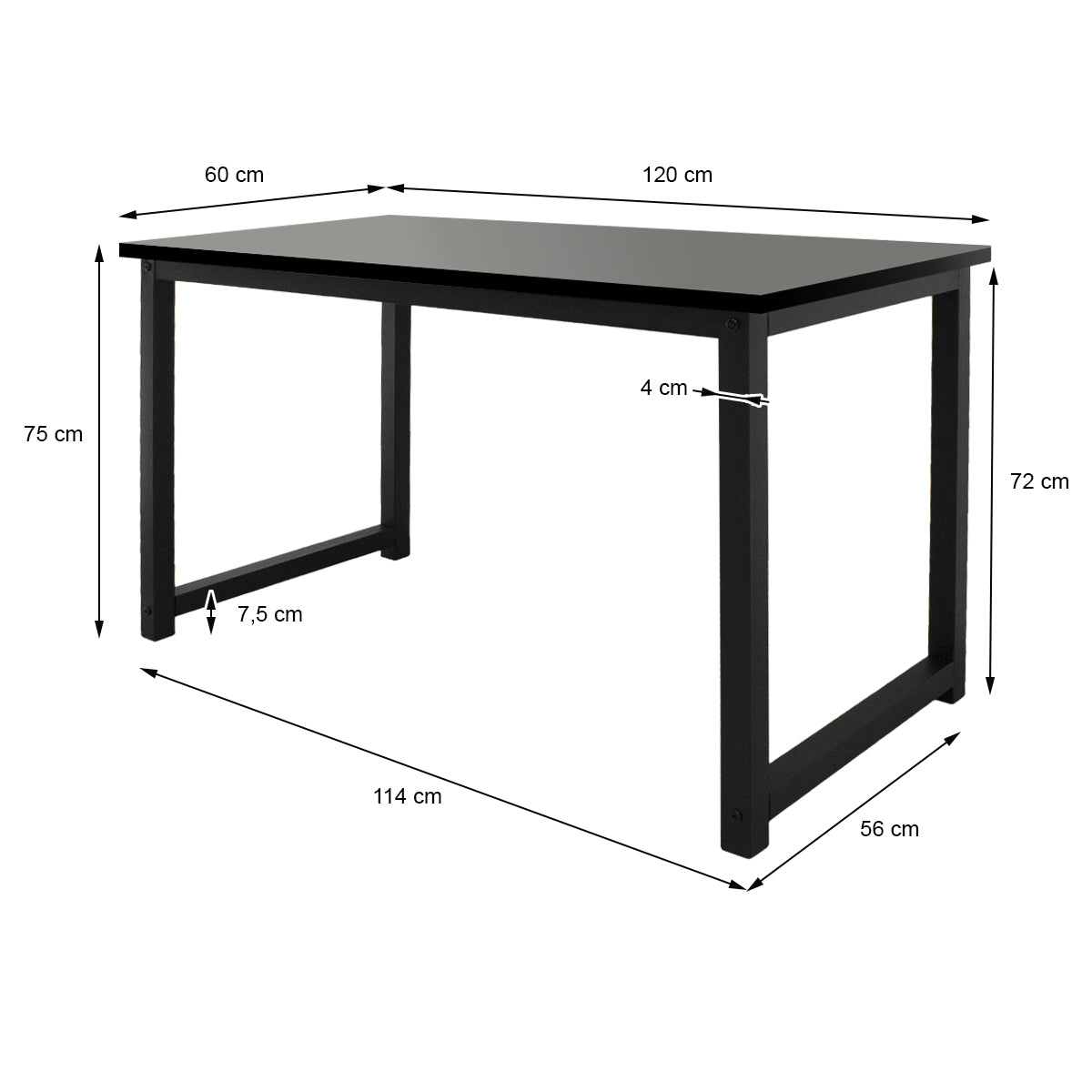 Table noire avec dimensions et détails dans un dessin technique.