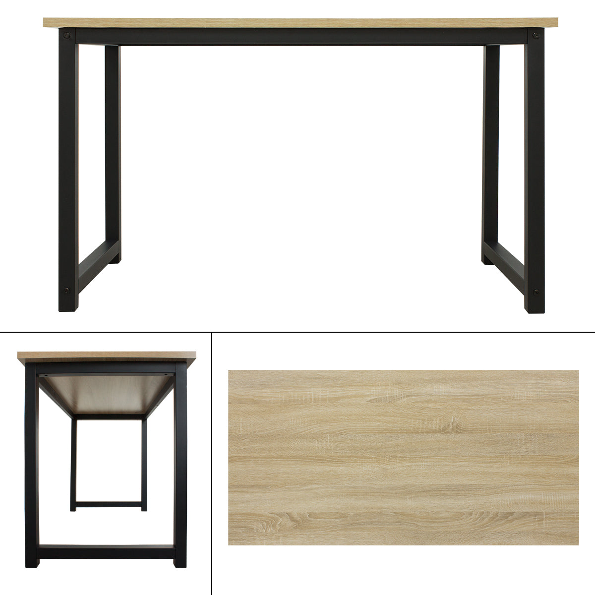 Bureau noir avec surface en bois vue sous différents angles.