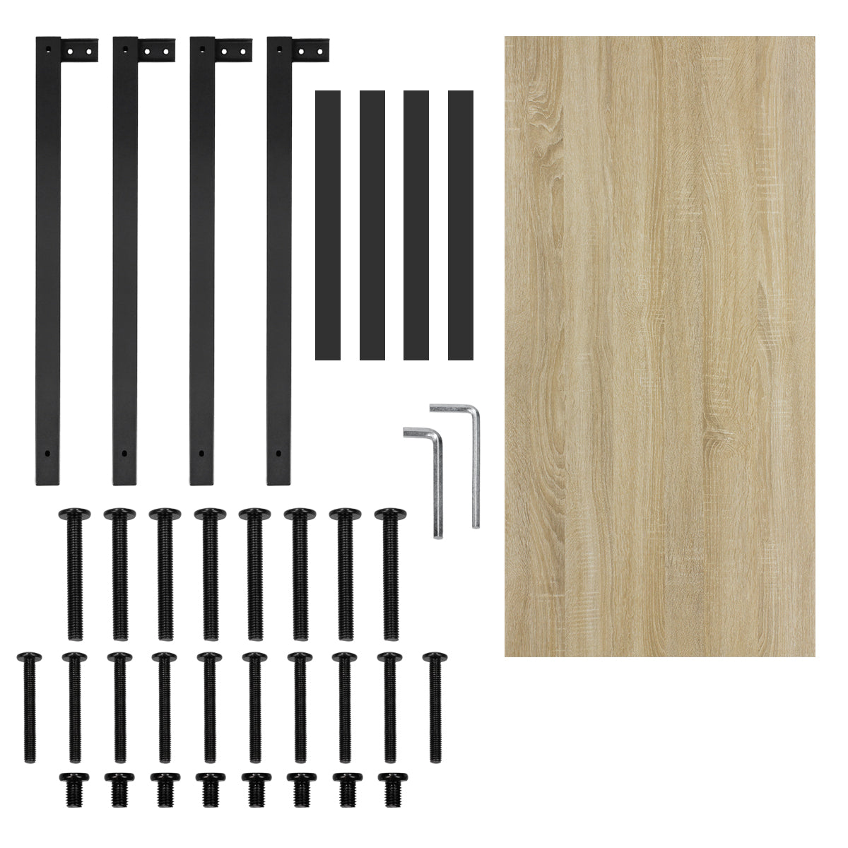 Accessoires de montage pour une table, y compris des vis, des plaques et des pièces métalliques.