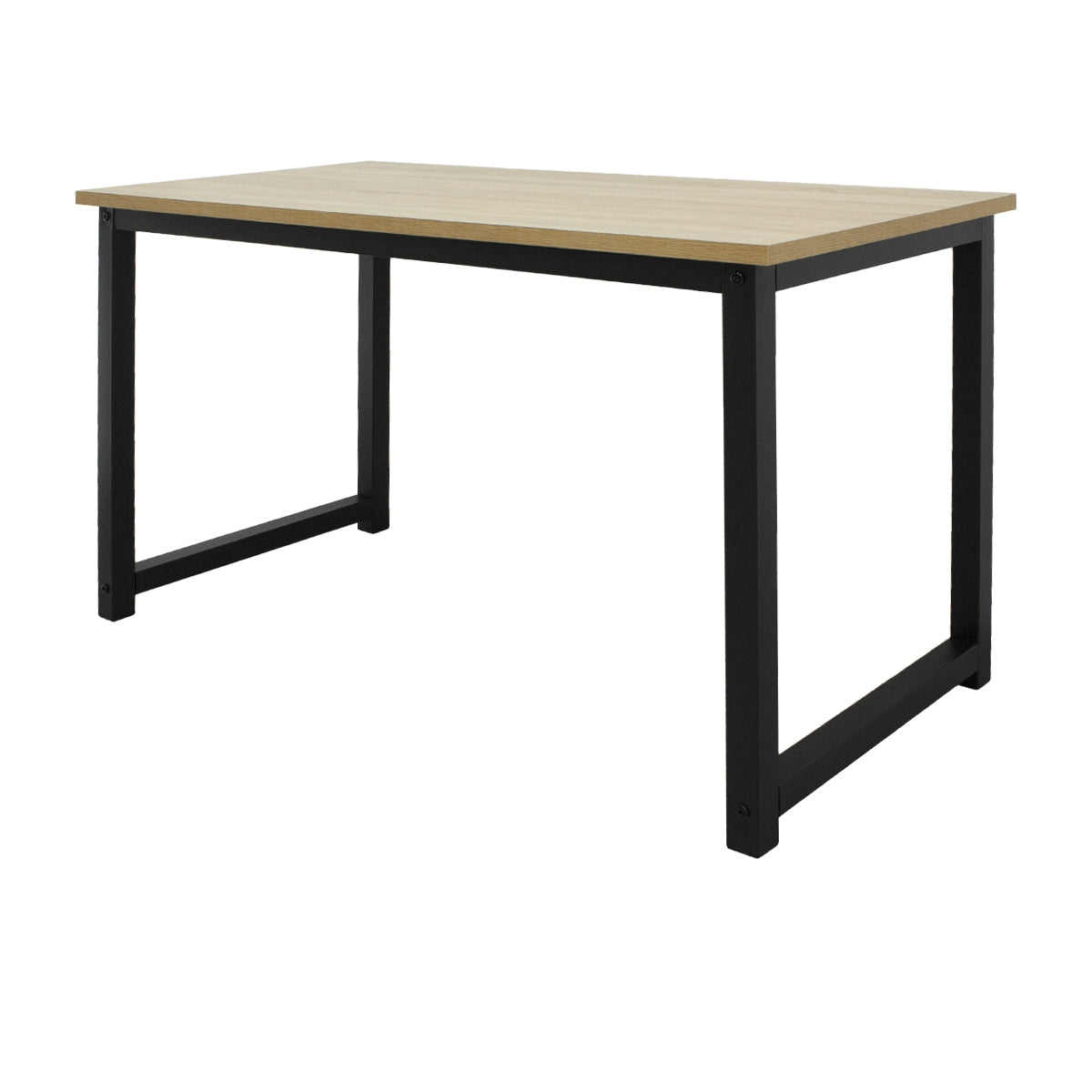 Table rectangulaire avec un plateau en bois et un cadre en métal noir.