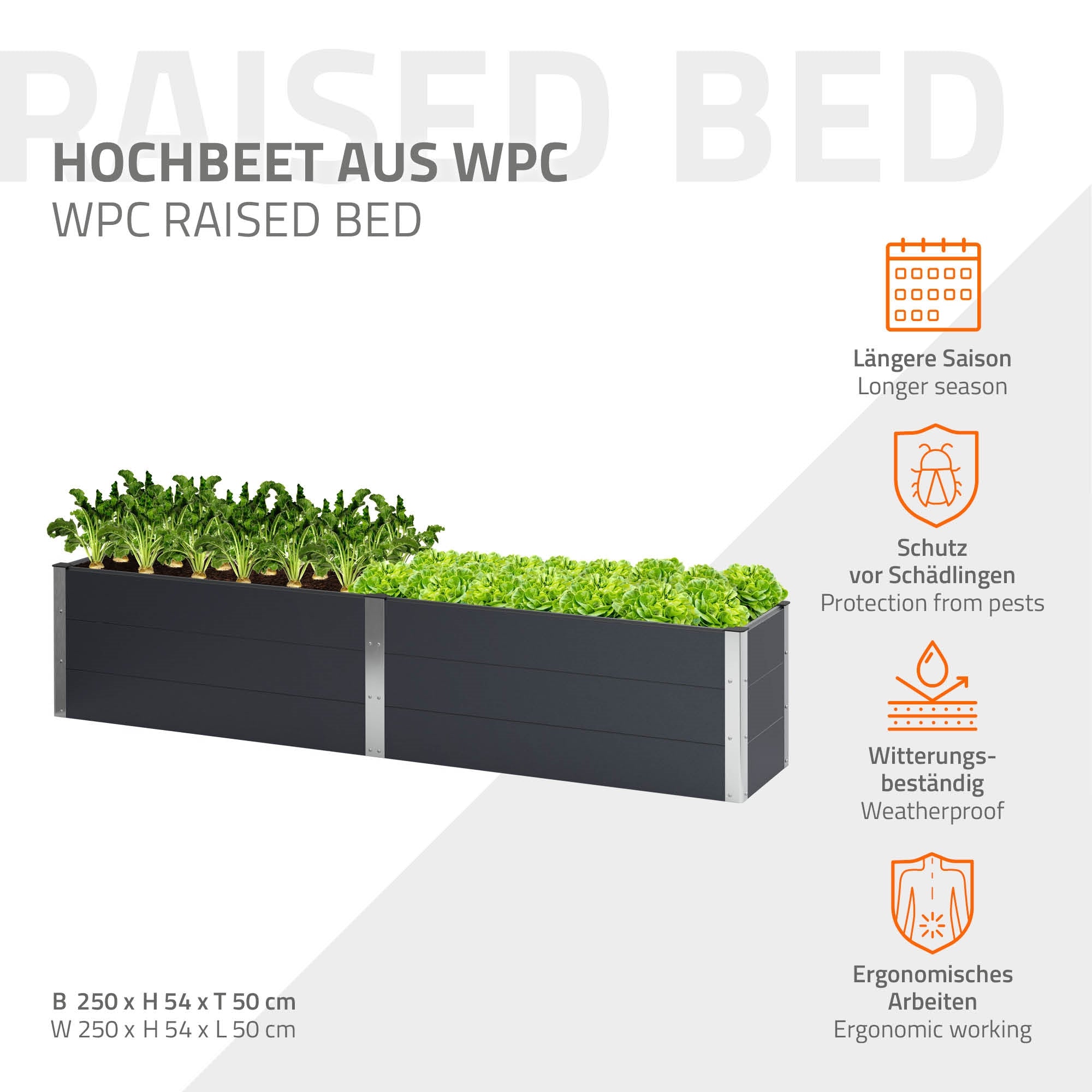 Hochbeet aus WPC mit Informationen zu Größe und Eigenschaften.