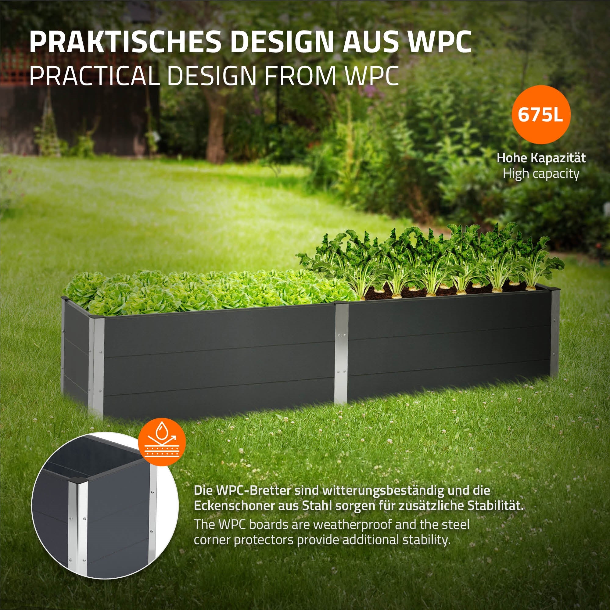 Pflanzkasten aus WPC mit Pflanzen, stabil und wetterbeständig.