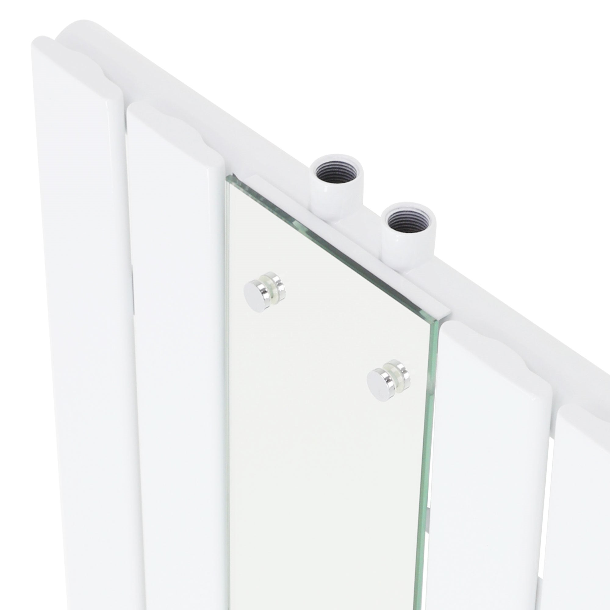 Close-up view of a white radiator with mirror.