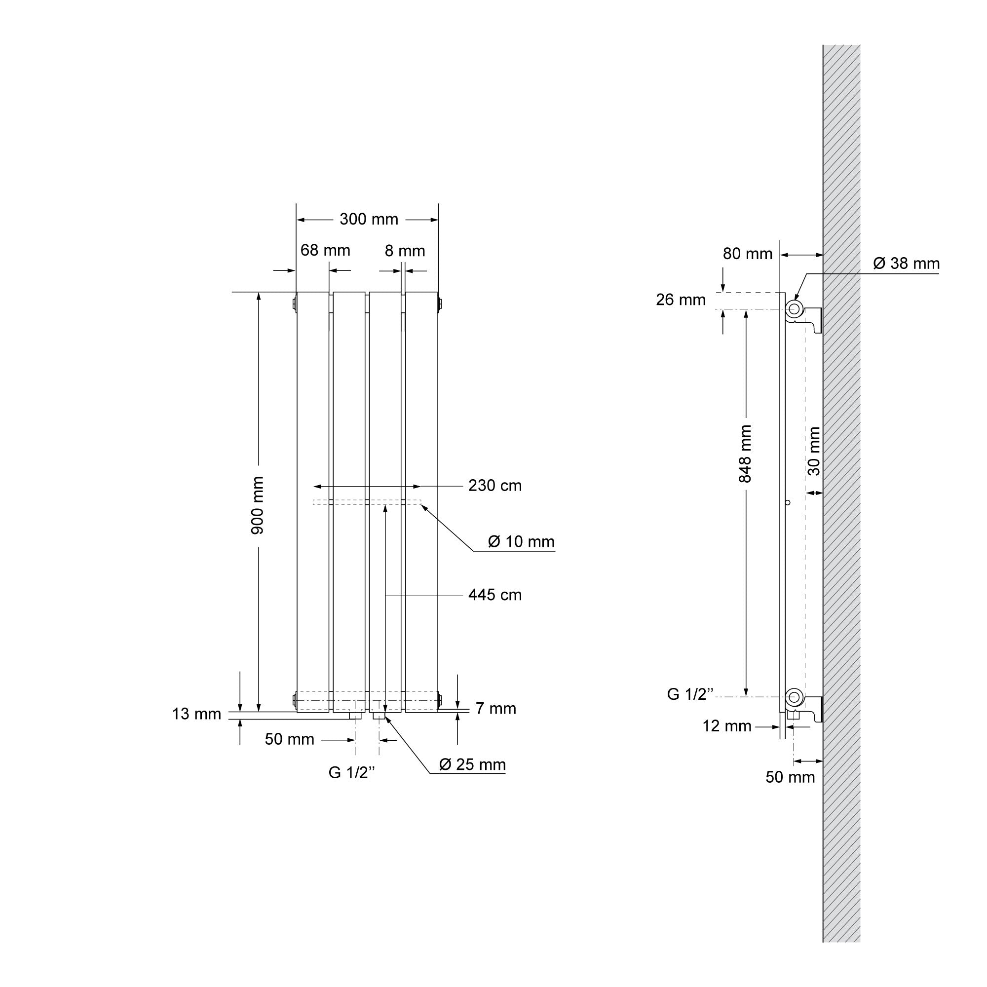 Technical drawing of a heating panel with dimensions and details.