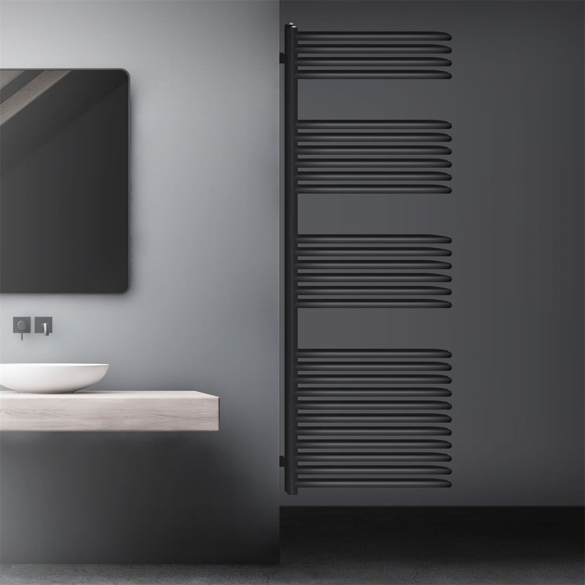 Radiateur haut de couleur anthracite avec plusieurs tubes horizontaux.