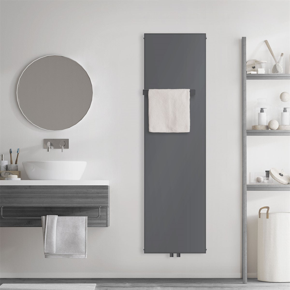 An anthracite-colored towel radiator with a towel in the bathroom.