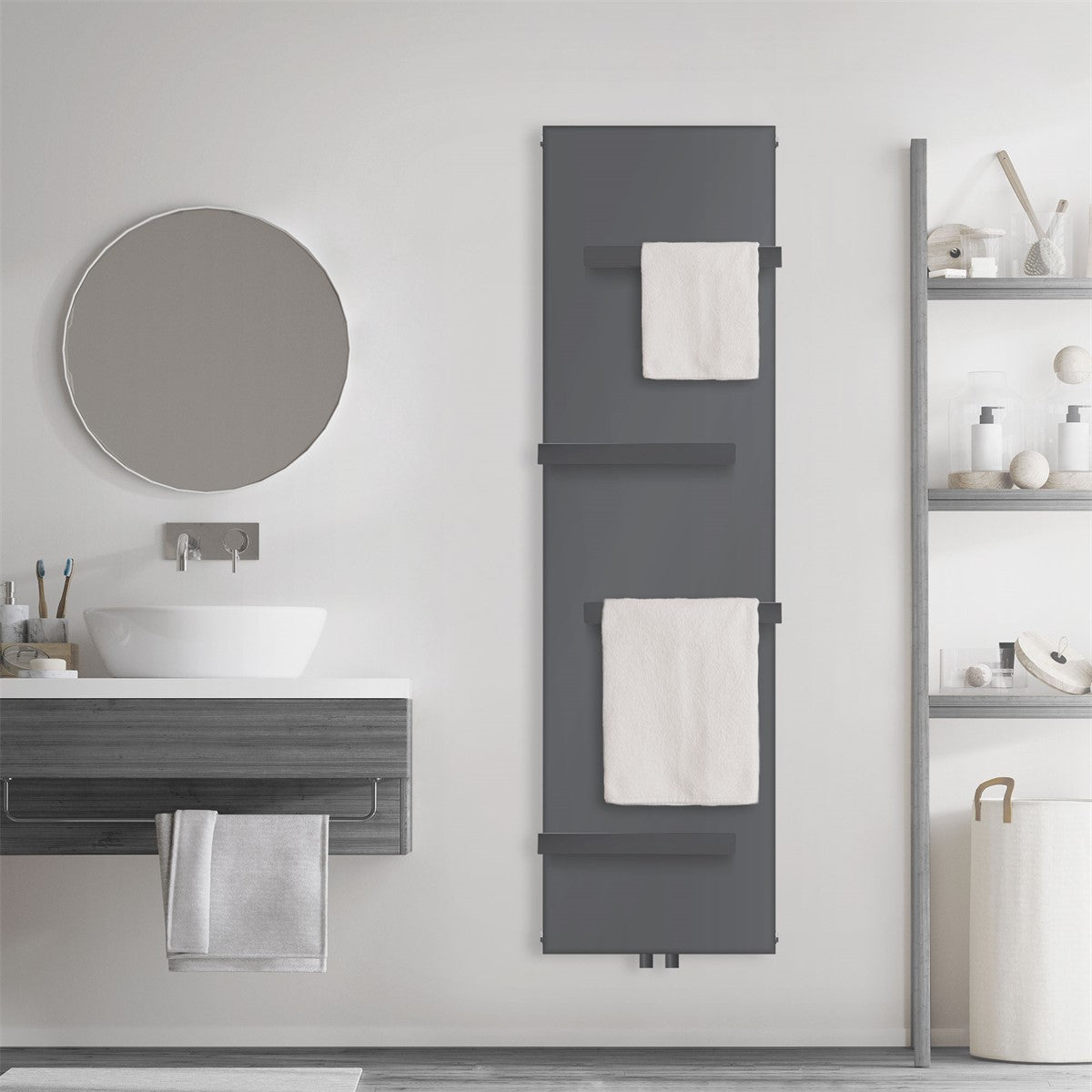 An anthracite-colored towel radiator on a bathroom wall.