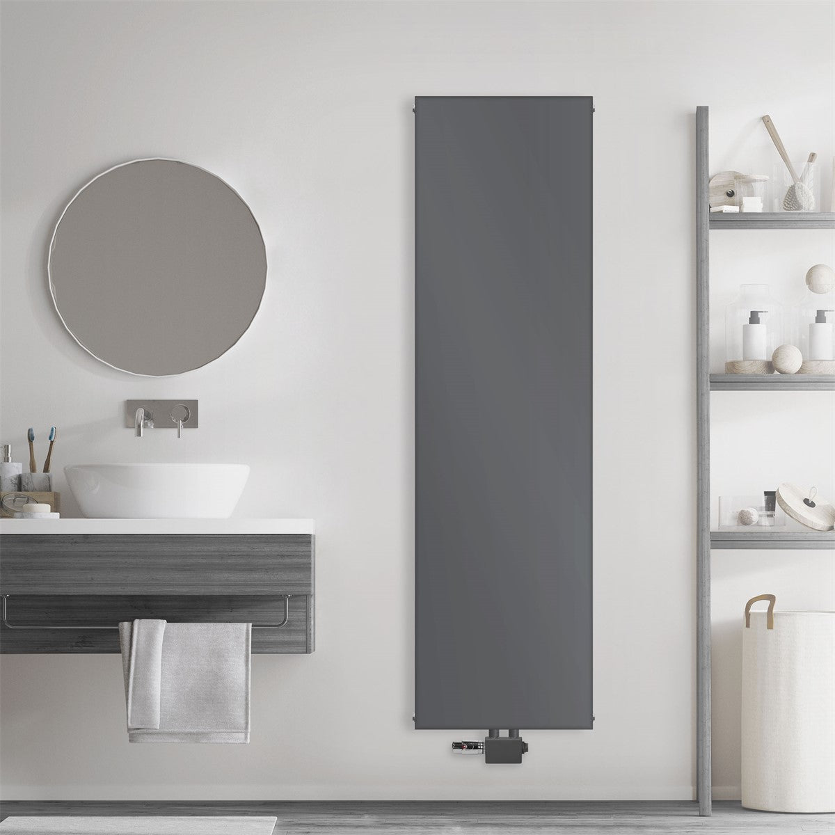 Anthracite-coloured radiator on a bathroom wall.