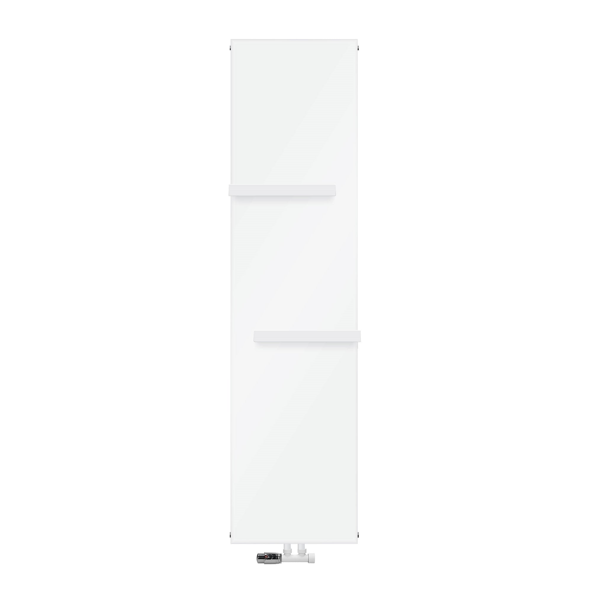 Narrow white radiator without background, with two shelves.